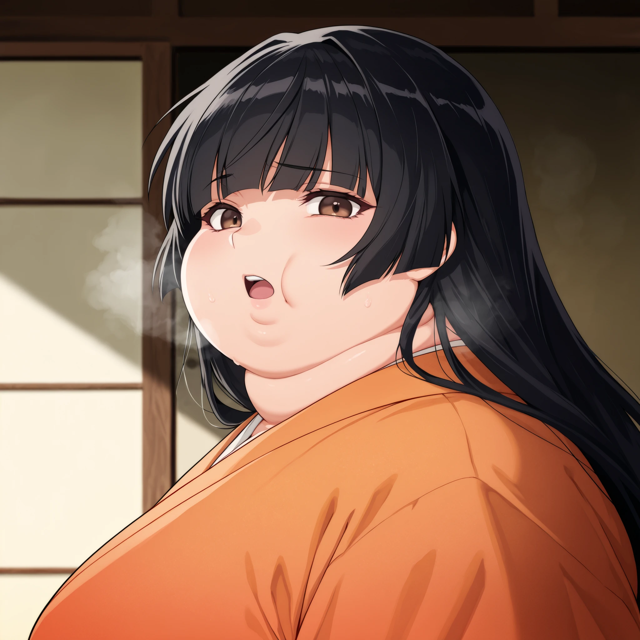 score_9, score_8_up, score_7_up, score_6_up, score_5_up, score_4_up, BREAK, source_anime, 1girl, kagomehigurashi, bangs, black hair, long hair, brown eyes, wearing a kimono
,masterpiece,best quality,amazing quality,bulging belly, fat, chubby, obese, open mouth, out of breath, absurdres, portrait, pov belly, straight-on, from side, swollen face, masterpiece, best quality, ultra-detailed, high resolution, 8K, 