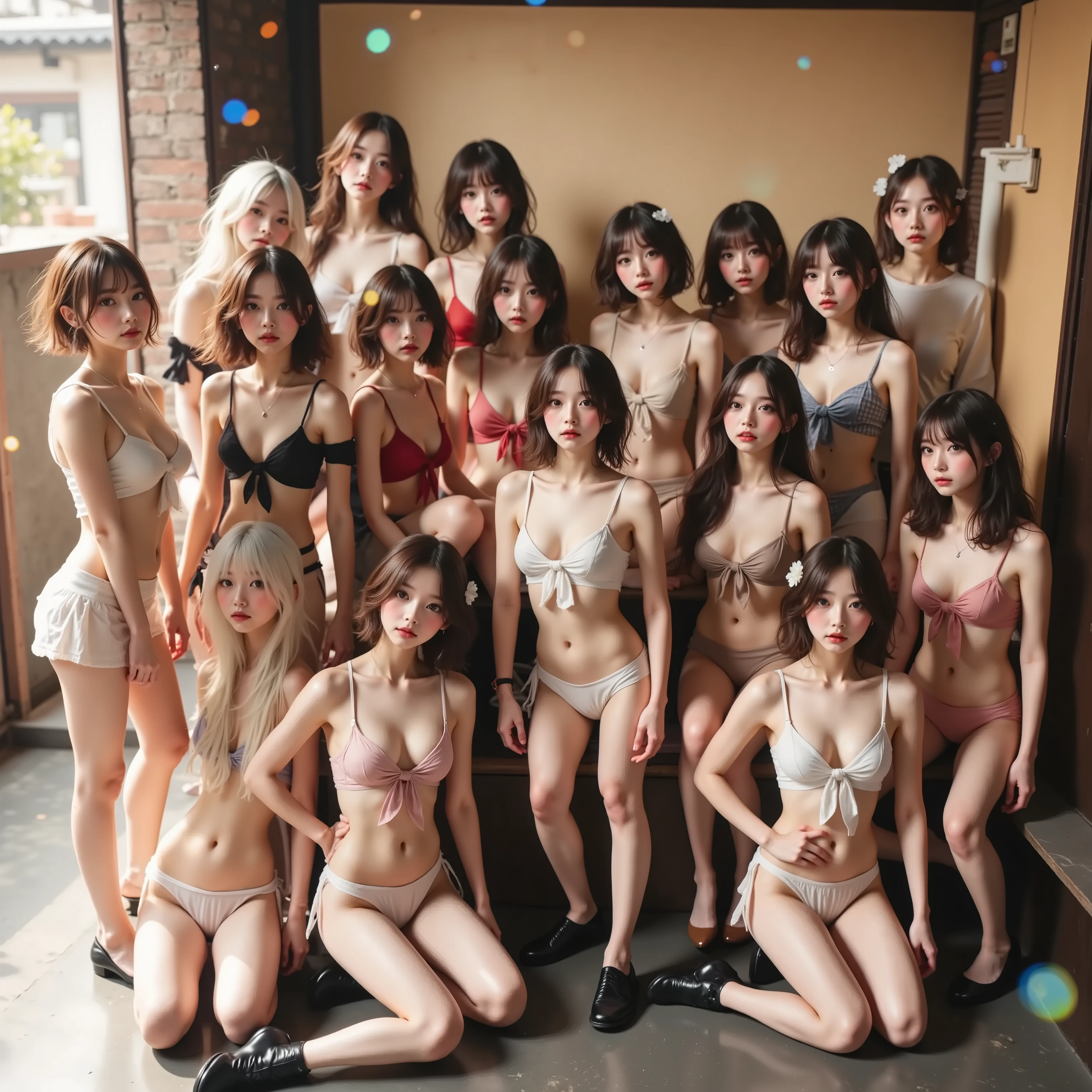 Exposed Nudie Cleavage, 8K UltraDetailed Live-Action, ExtremelyDetailed Professional Photography of KAWAII FUNDOSHI Girls at HAKATA GION YAMAKASA, (Backwards:0.582) FullBody from below, MagicHour Miracle, Ethereal and Haunting, [Numerous Colorful Light Particles], Super-Detailed Textures,   White Loincloth made by twisting white cloth (((ClearlyVisible Shapely Butt))), White KARATE-Jacket and Red OBI-Belt, Zouri, Chignon, Flowers, LifeLikeRendering, Acutance, Detailed NOGIZAKA Face variations, Exterm Angle,