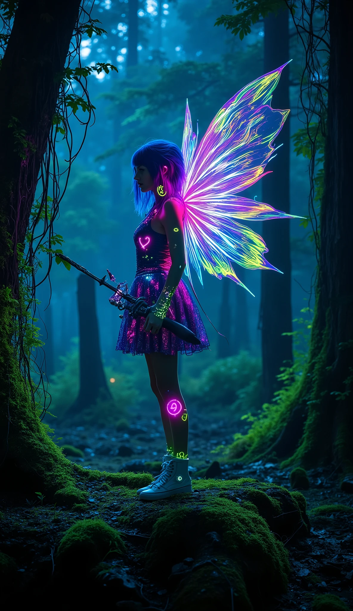 In a bioluminescent forest overrun by neon graffiti, a rebellious fairy with translucent wings laced with glowing circuitry stands atop a moss-covered metal ruin. Her hair floats like fiber-optic strands, radiant pink and cyan. Punk glyphs shimmer on the tree bark, each humming with forbidden magic. She holds a crystalline dagger infused with urban mana, its light cracking the air like static. Behind her, hybrid vines made of cables and roots pulse with energy, weaving between abandoned holographic totems projecting distorted faery symbols. Atmosphere: mystical, electric, chaotic beauty. 128k HDR, punk