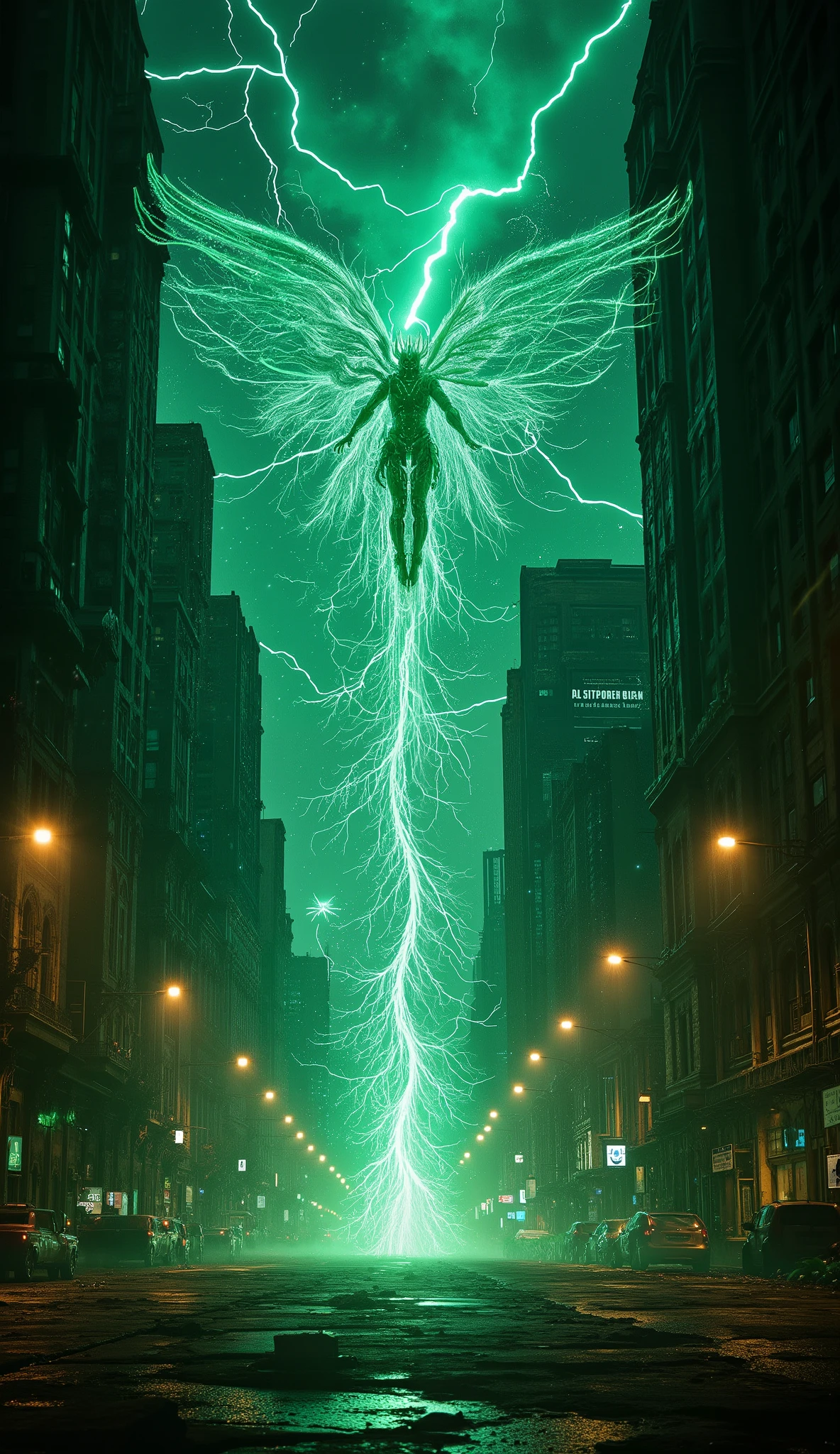 A swarm of cyber-sylphs descends upon a decaying megacity, their translucent wings humming like data-streams. They crack open the asphalt, letting luminescent roots sprout in fractal patterns. At their head flies a warrior-sylph armored with living metal and enchanted bark. Street lights flicker as faery mana overrides urban circuitry, merging the city with enchanted nature. Sky: shimmering emerald dust and neon lightning. Atmosphere: epic, transformative, magical uprising.