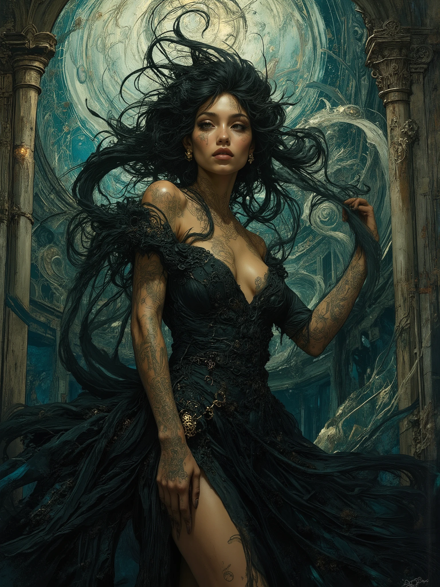 Impressionist surrealism, photo-realistic bizarre portrait of a beautiful, majestic caucasian half-Black lady—graceful yet an outcast, radiating eldritch aura and supernatural mystery. Deep golden-brown skin glows with lifelike detail. She stands in a dramatic, avant-garde gothic dress: the gown is non-explicit yet features a daring high slit that reveals her robust, long legs, and an elegant low-cut neckline showing natural cleavage. Her pose is theatrical, with large expressive dark eyes and a gap-toothed beguiling smile exuding otherworldly energy. Her physique is striking, with a petite upper body, medium 32C breasts, powerful larger arms, trim yet slightly thicker waist, dramatically wide thighs, large, round ass. Tattooed script of loved ones on her arms and chest; unfinished bowtie tattoos on thick thighs. Swirling tendrils of shadow and iridescent light evoke ancient cosmic power, casting mysterious symbols and ethereal radiance. The moody background merges crumbling antique wonders and modern facades in cool tones, surreal textures, gothic opulence, and bold lighting. Her high-fashion details draw inspiration from McQueen, Mugler, and Gaultier. She is enveloped in haunting, melancholic glamour—chosen and enchanting—blending history, futurism, and eldritch magic in a cinematic, ArtStation-worthy masterpiece. Waist and thighs a little thicker, ass larger