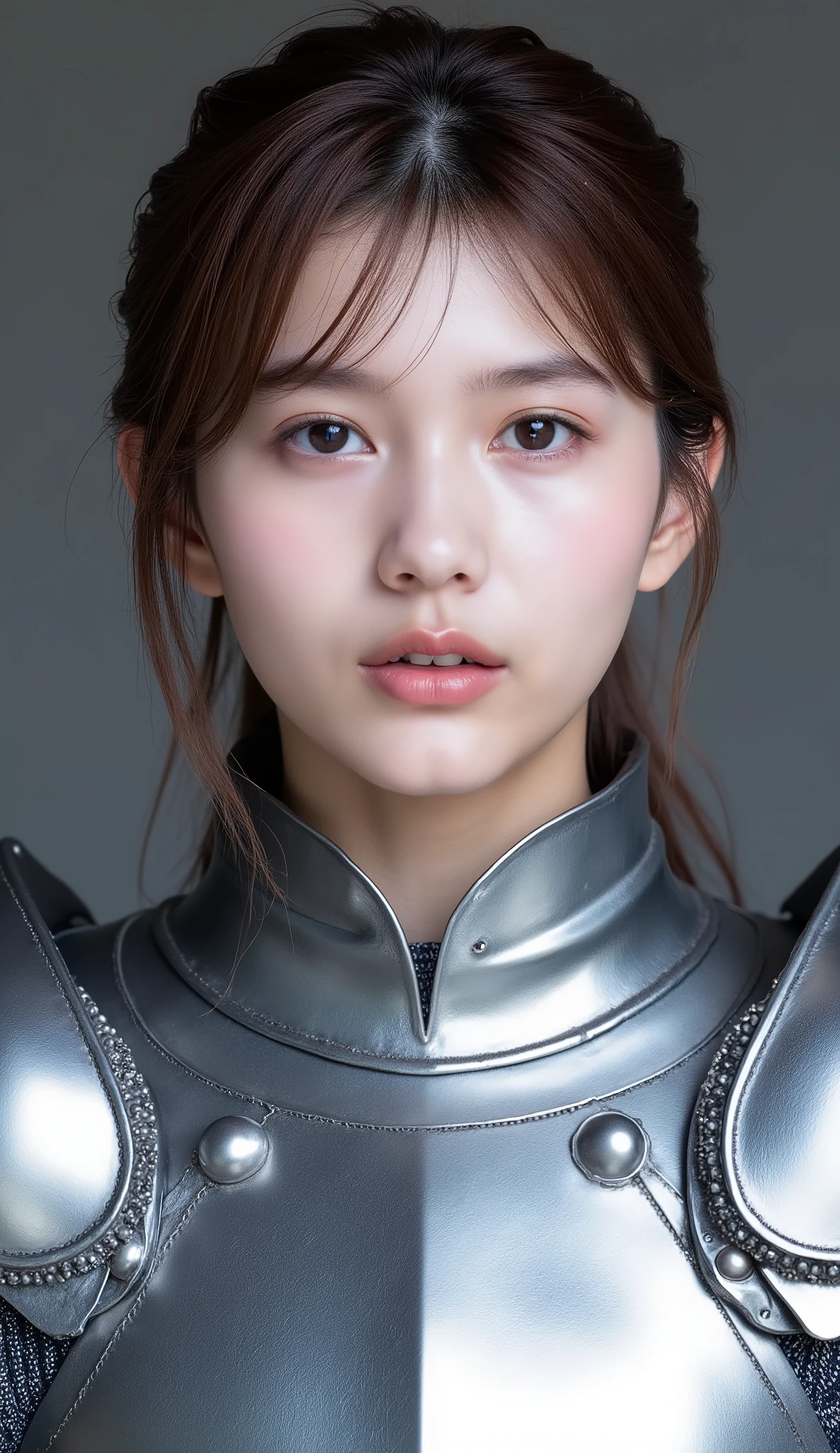 neat young woman wearing luxurious silver armor、、female knight、、漆黒の髪、、ear piercings、looking at camera、looking directly in front、僅かにほほ笑む、is closing his mouth、face close-up、grey background、