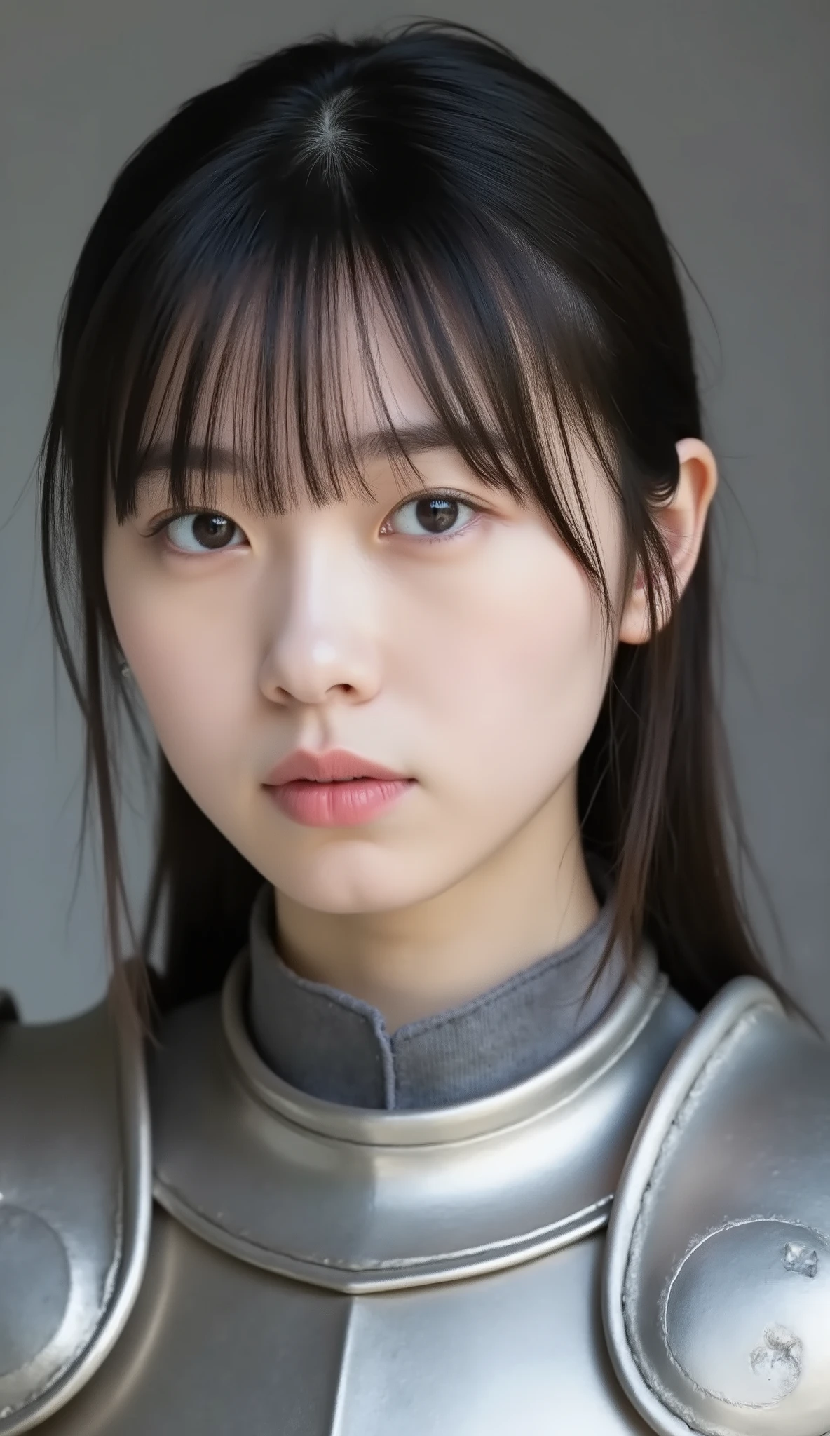 neat young woman wearing luxurious silver armor、、female knight、、、ear piercings、looking at camera、looking directly in front、歯を見せた笑顔、、face close-up、grey background、