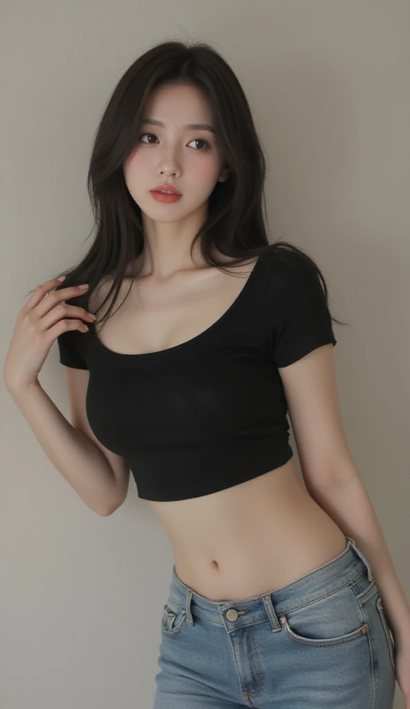 A Chinese woman on off-white wall background, fluffy hair, delicate face, realistic, real, slender, large aperture, wearing black camisole vest, cropped vest, wearing short jeans, skinny jeans,