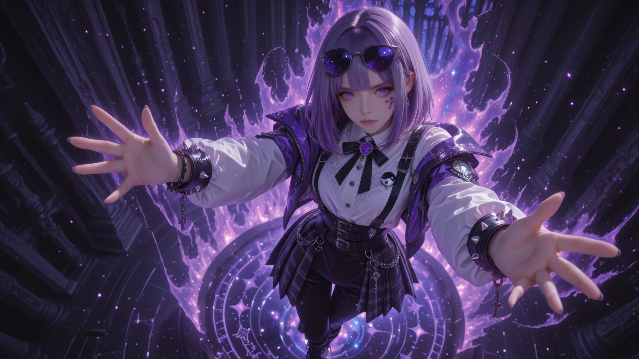 ((BLACK SWAN_HONKAI STARRAIL)),((realistic, photorealistic)),(highlight hair)), Light reflection, (( HD )),((upper body)), (((best quality, masterpiece))), (masterpiece) (best quality) (detail) (8k) (HDR) (wallpaper) (cinematic lighting) (sharp focuasterpiece, best quality: 1.1), Real life adaption of this character, Asian teen beauty face, Shining green eyes, realistic outfit, realistic shadow, realistic light, realism, hyper realistic,realistic hair, realistic background,(photorealistic:1.2), 1girl, glow purple,Gradient black and purple background, broken glass, white hair with white and purple gradations, floating hair, out of the photo frame, hooded,Black Gloves,