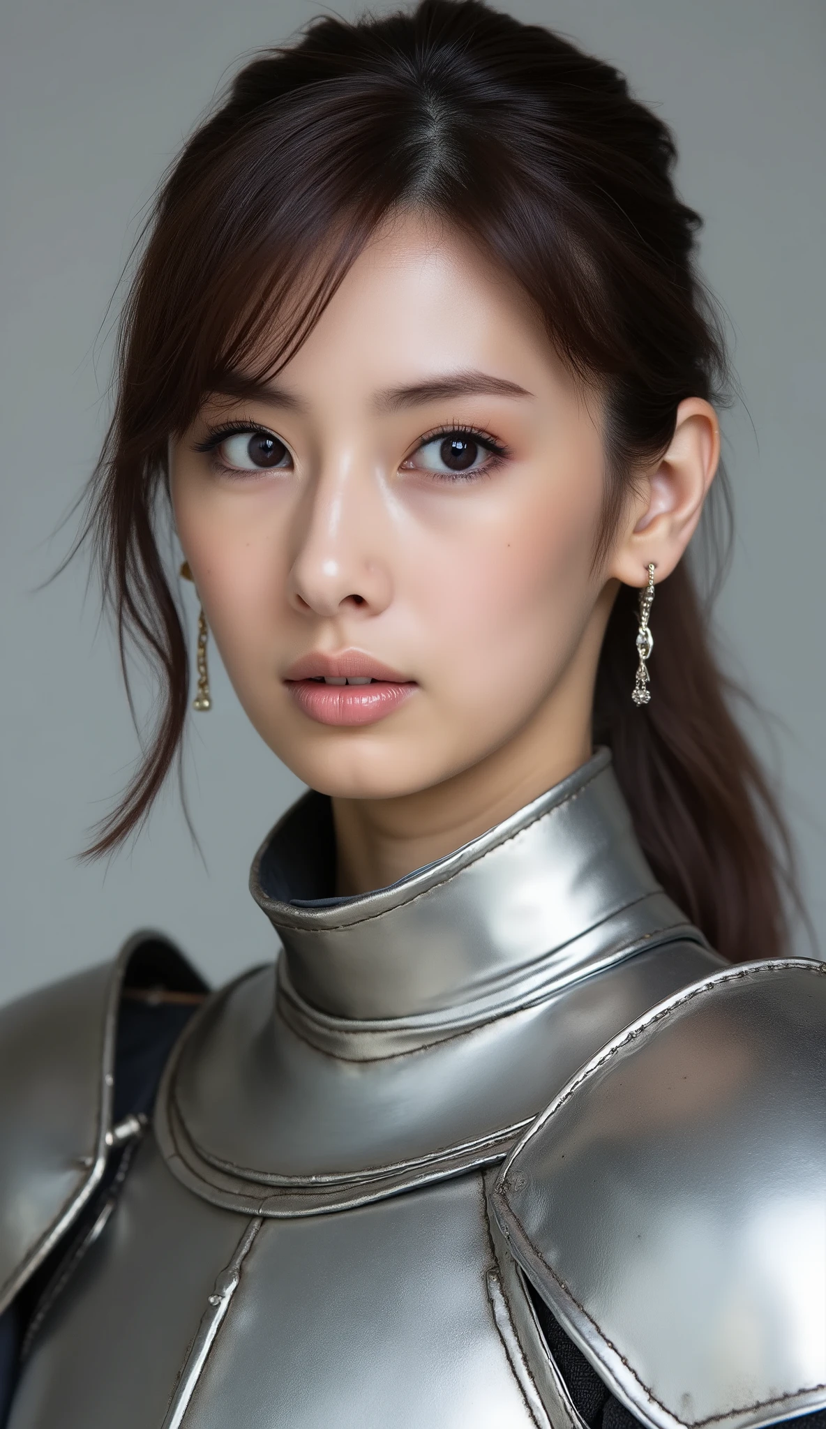 neat young woman wearing luxurious silver armor、、female knight、、、ear piercings、looking at camera、looking directly in front、無表情、口を閉じている、、face close-up、grey background、