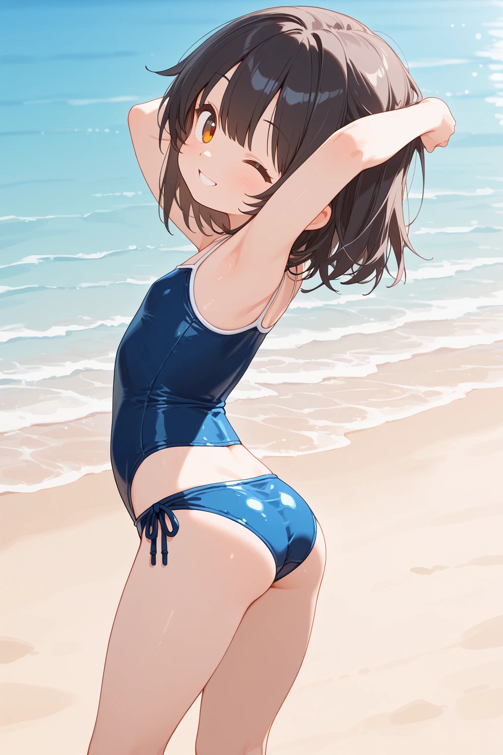 32k, best quality, ultra high res, HDR, UHD, extremely detailed CG, unity 32k wallpaper, masterpiece, highest quality, Super detailed, figure,, short hair, One girl, whole body, Swimwear,, Detailed Background, mksts style, Beach, sunset, (highest quality:1.2, Very detailed, Latest, Vibrant, Super Detail, Ultra-high resolution, High Contrast, masterpiece:1.2, highest quality, Best aesthetics, there is:0.9), alone, (1 female), Megumin, short hair, black hair, (red eyes:1.3), short hair with long locks, minimal, 1girl, solo, ((black )), red eyes, nose blush, shy, looking at viewer, cute overload, small , slim figure, ulzzang, (), juicy little , , flirty, on her hands and knees, 
