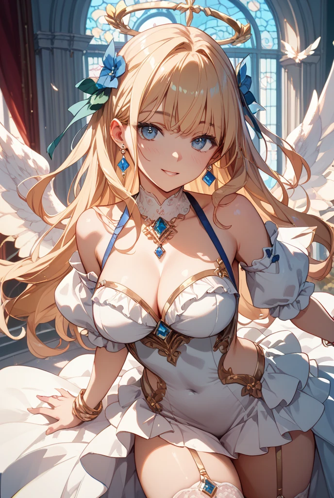 1woman, ((Sinon, Sword Art Online)), , 25years old, beautiful face sharp, elegant woman, Ultimate perfect body style, beautiful beautiful , Maximize upturned , glossy very thick lips, pink lipstick, smile:1.5, Angel costume with elaborate decorations, vibrant colors, and a skirt. The costume features delicate silver embroidery, sparkling diamonds, flowing chiffon fabric, ornate shoulder wings, a high neckline, long flowing sleeves, a jeweled waistband, a radiant halo, intricate lace patterns, a tiara adorned with sapphires, and a luxurious satin texture, 