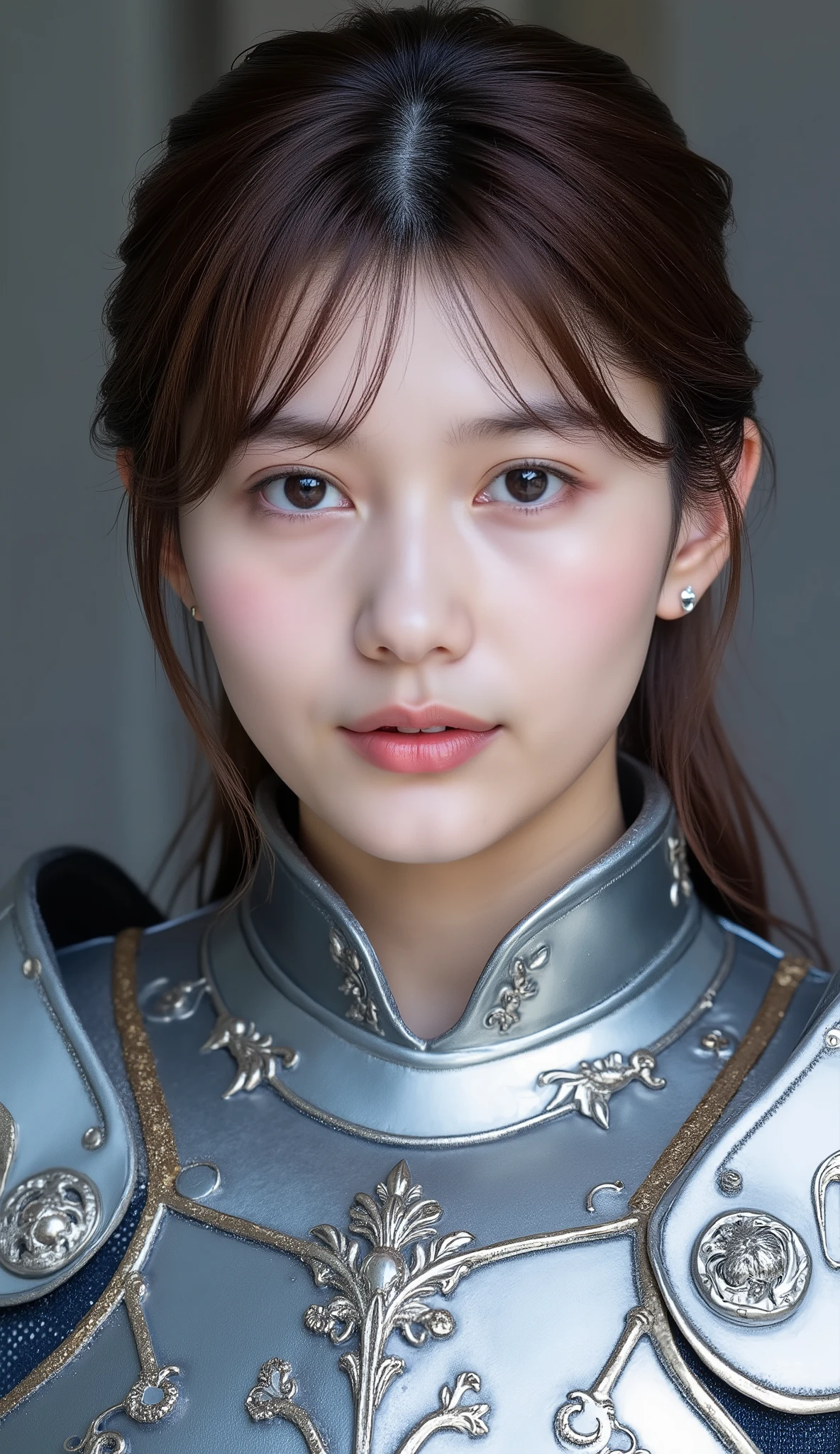 neat young woman wearing luxurious silver armor、、female knight、、漆黒の髪、、ear piercings、looking at camera、looking directly in front、歯を見せた笑顔、、is closing his mouth、face close-up、grey background、