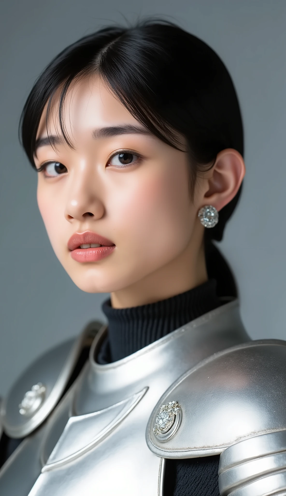 neat young woman wearing luxurious silver armor、、female knight、、ear piercings、looking at camera、looking directly in front、、face close-up、grey background、

