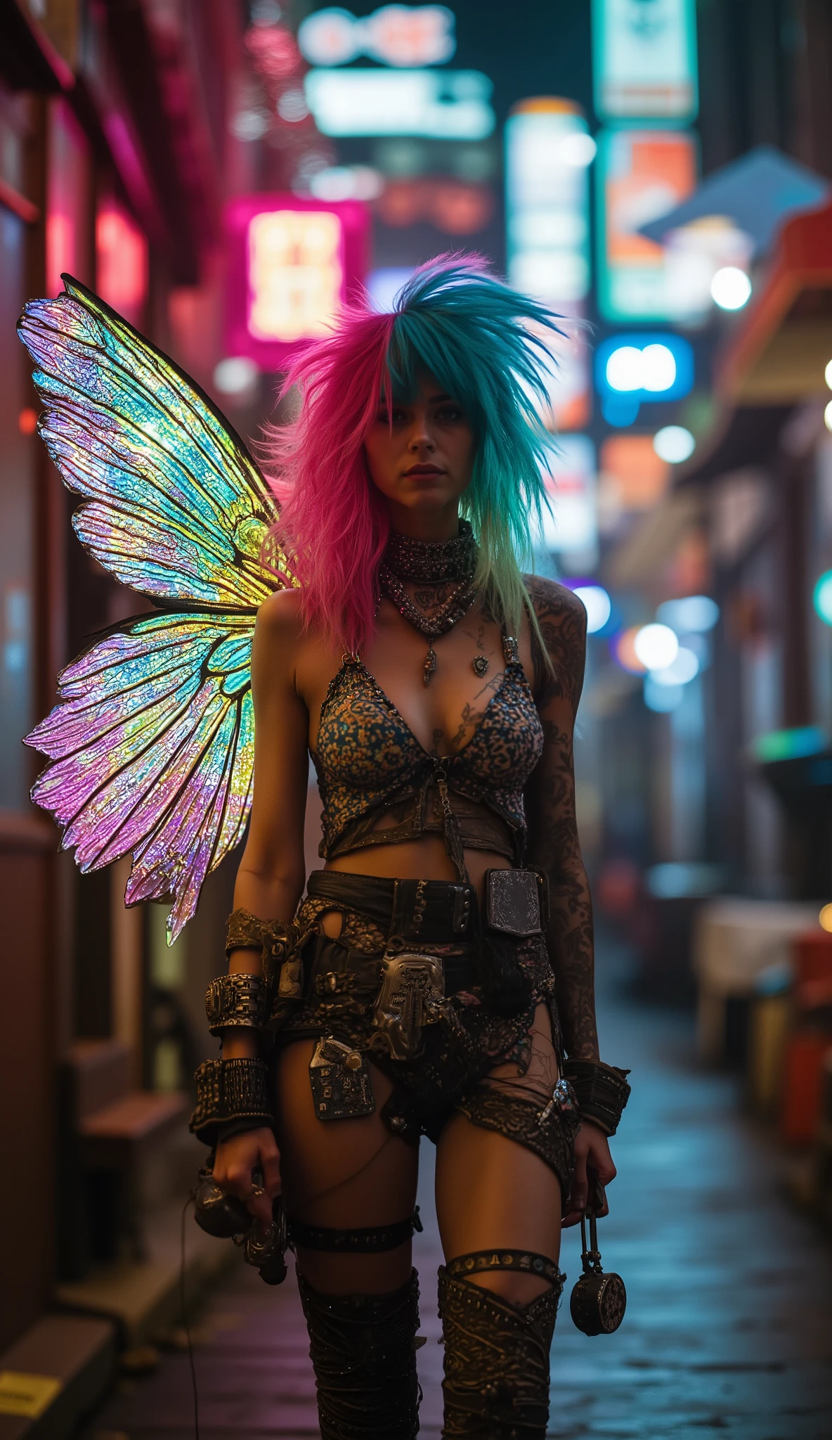 Ultra-detailed portrait of a rebellious faerypunk girl with vibrant psychedelic colors, standing confidently in a neon-soaked alley. Dramatic wind lifts her holographic hair, blending electric pink, cyan, lime, and violet. Her bioluminescent wings glow like fractal stained-glass, shifting kaleidoscopic patterns with each movement. Intense cinematic lighting with neon reflections on wet pavement. Leather harness, metallic piercings, glowing rune-tattoos, attitude fierce and playful smirk. Phosphorescent pollen sparks swirl around her, hinting at raw arcane power. Hyper-realistic textures, 4K photography style, depth of field, dynamic contrast, epic and stylish atmosphere. Psychedelic Punk Faery theme, 128k HDR.