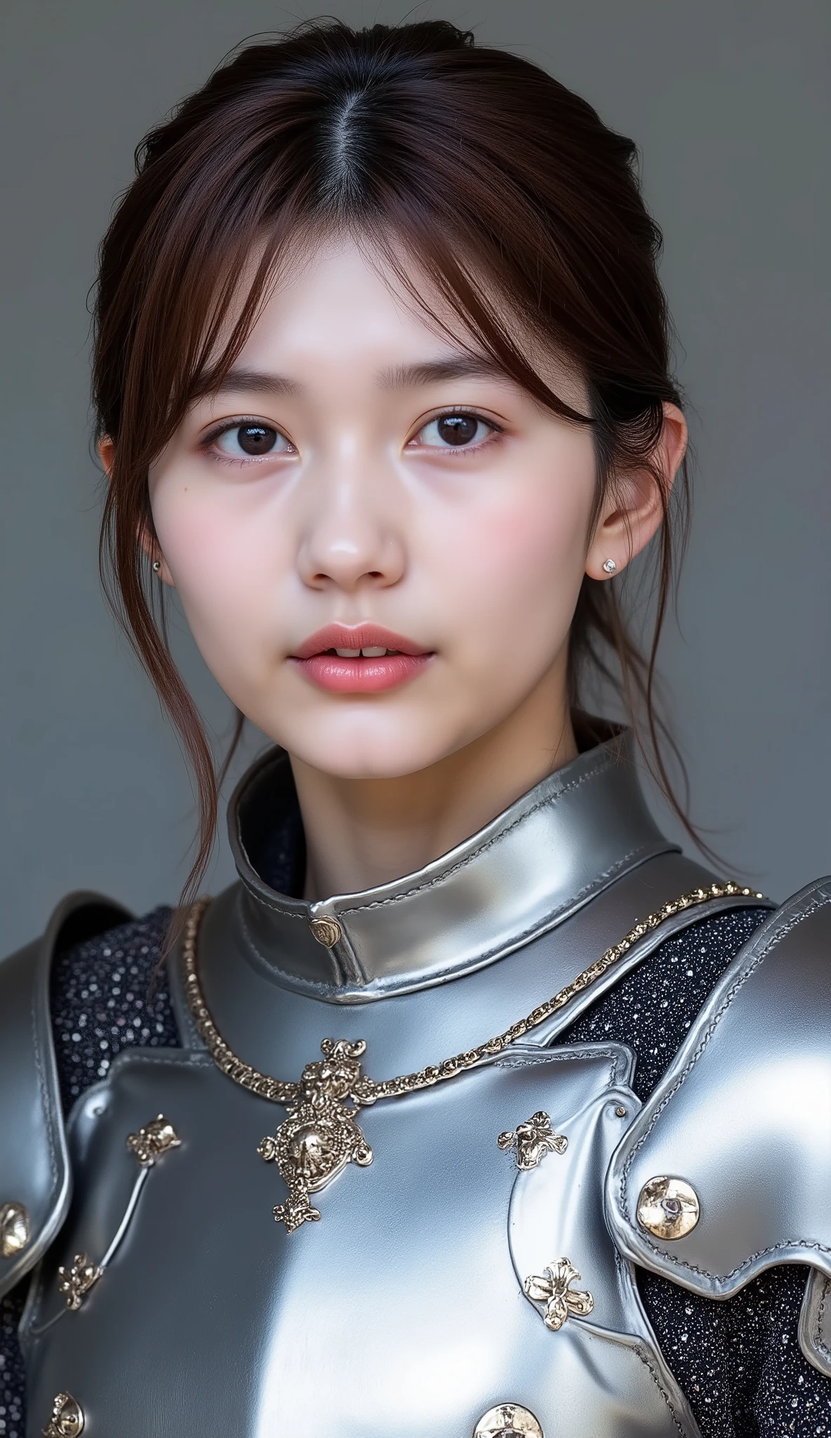 neat young woman wearing luxurious silver armor、、female knight、、漆黒の髪、、ear piercings、looking at camera、looking directly in front、歯を見せた笑顔、、face close-up、grey background、