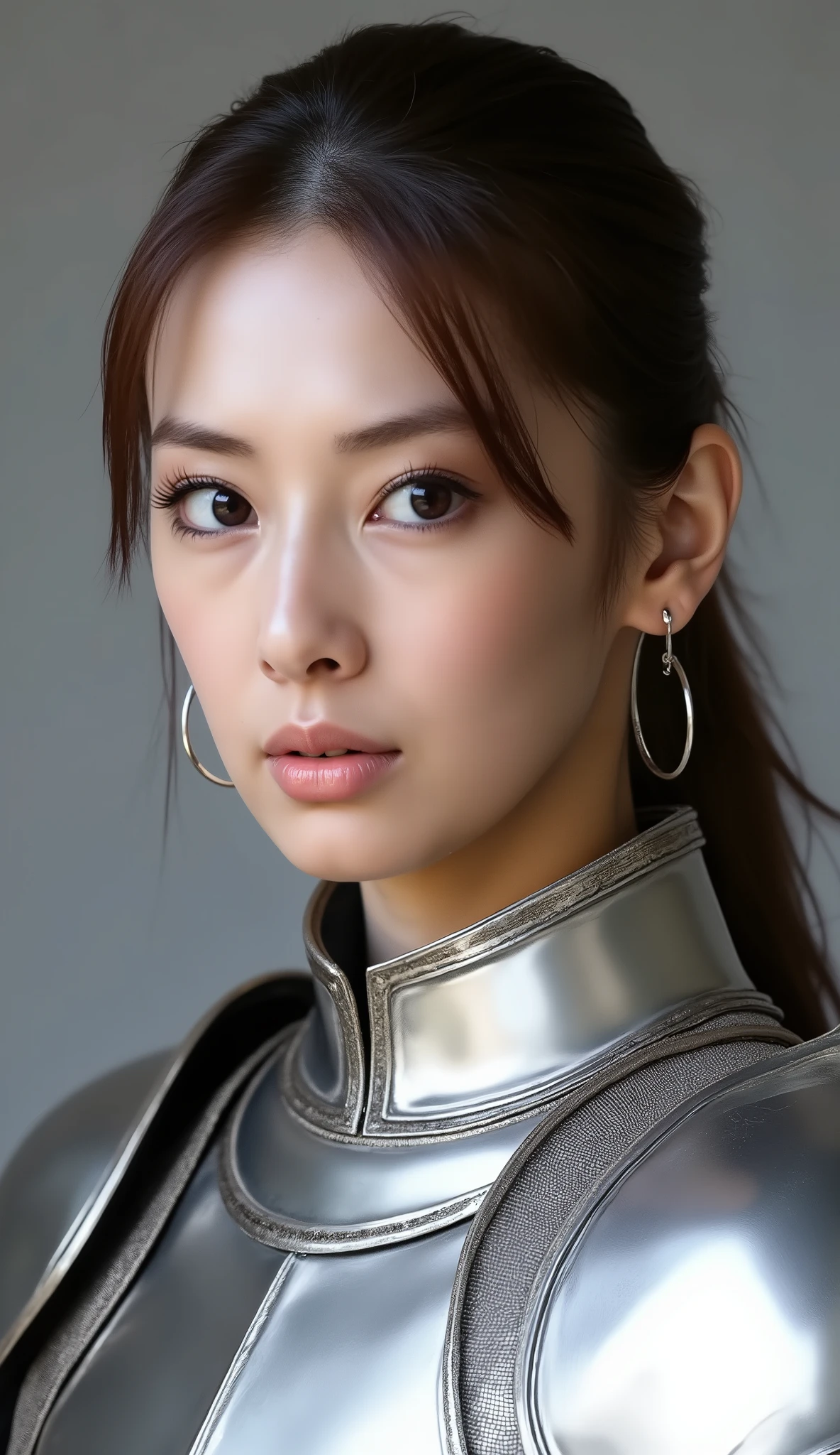neat young woman wearing luxurious silver armor、、female knight、、、ear piercings、looking at camera、looking directly in front、無表情、口を閉じている、、face close-up、grey background、
