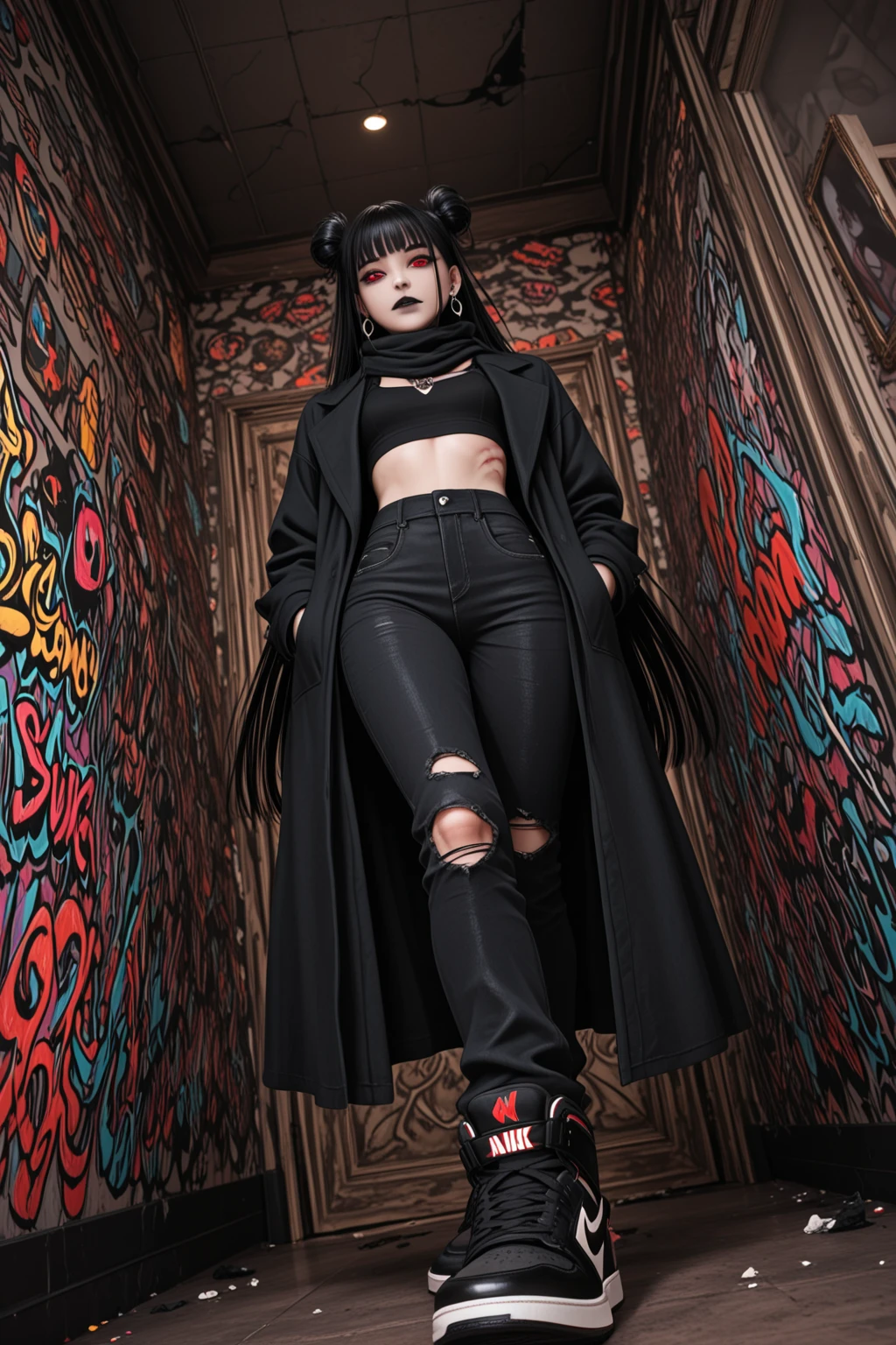 Make me a stylish E-girl outfit with Wolf Ears, a skirt,
a black jacket and a dark blue tank top with a high collar, and a black knee-high boot