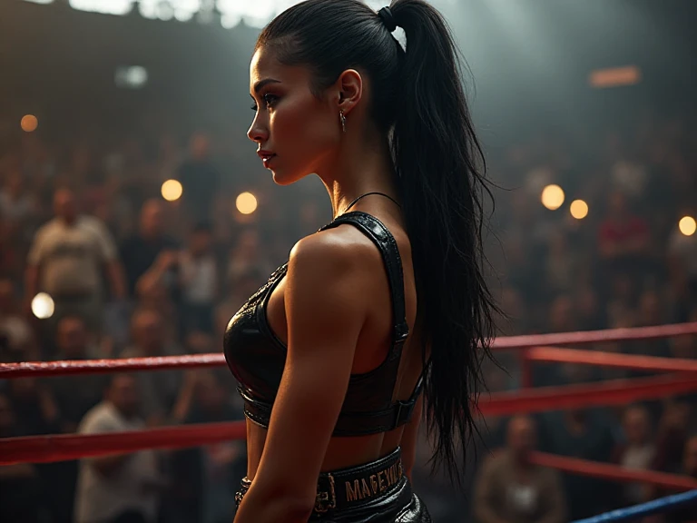 in a dirty abandoned boxing ring, (an ultra hot gorgeous Israeli woman, age 25, jet black hair, she’s a playmate, men magazine model. (Black boxing shorts), (,  chest), Masterpiece. UHD