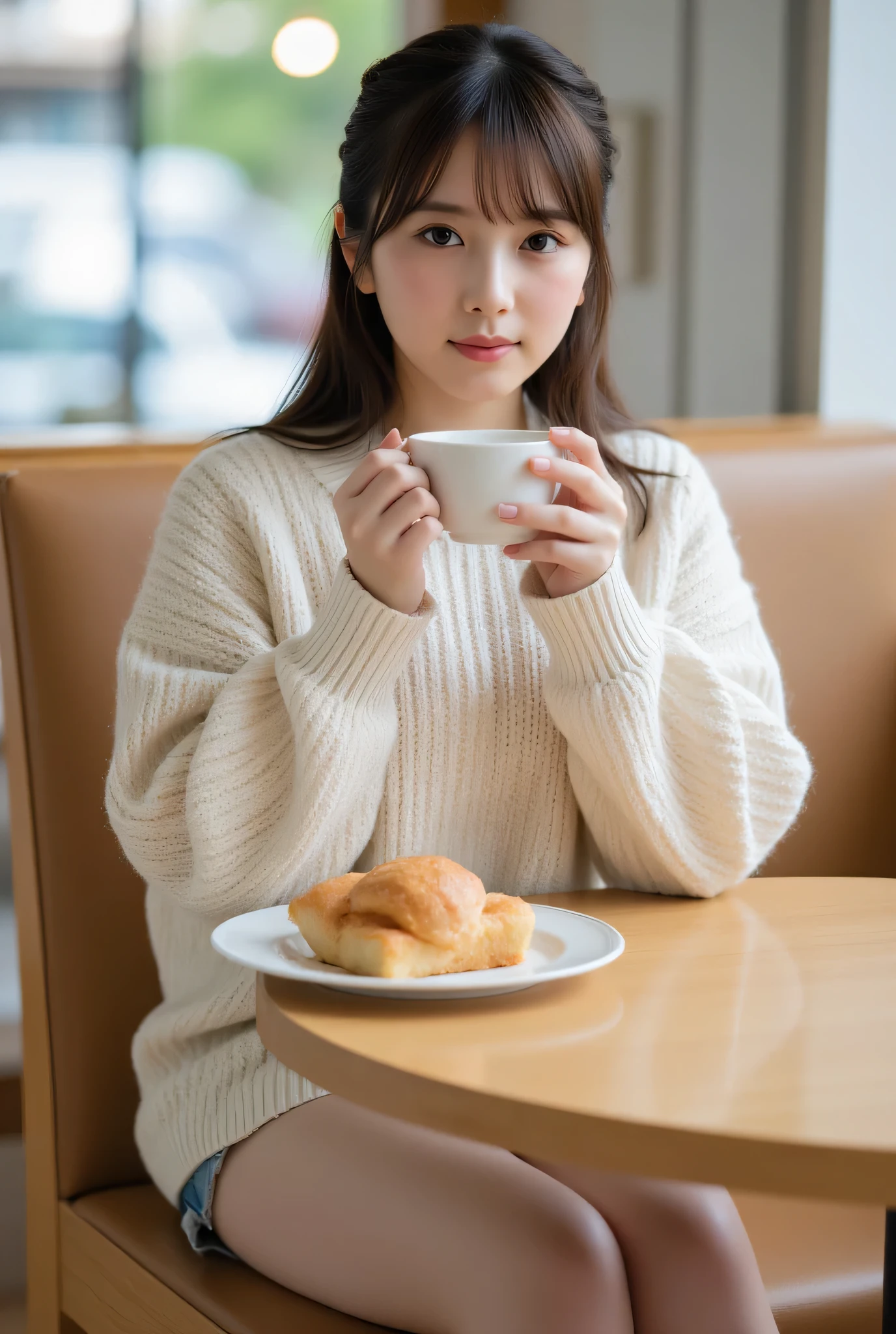 ultra detailed,8k, high resolution, beautiful detailed, high contrast, sharp focus, 50mm, f3,5,
best quality, super hyper realism, realistic, photorealism,(realistic skin:1.2), inside bakery shop japanese solo girl, no makeup, straight-on cinematic portrait, shallow depth of field, ultra realistic, sitting, Delicious bread on the table, holding a coffee cup with both hands,
Japanese girl, oversized clothes, oversized sweater, denim shorts, black leather boots,