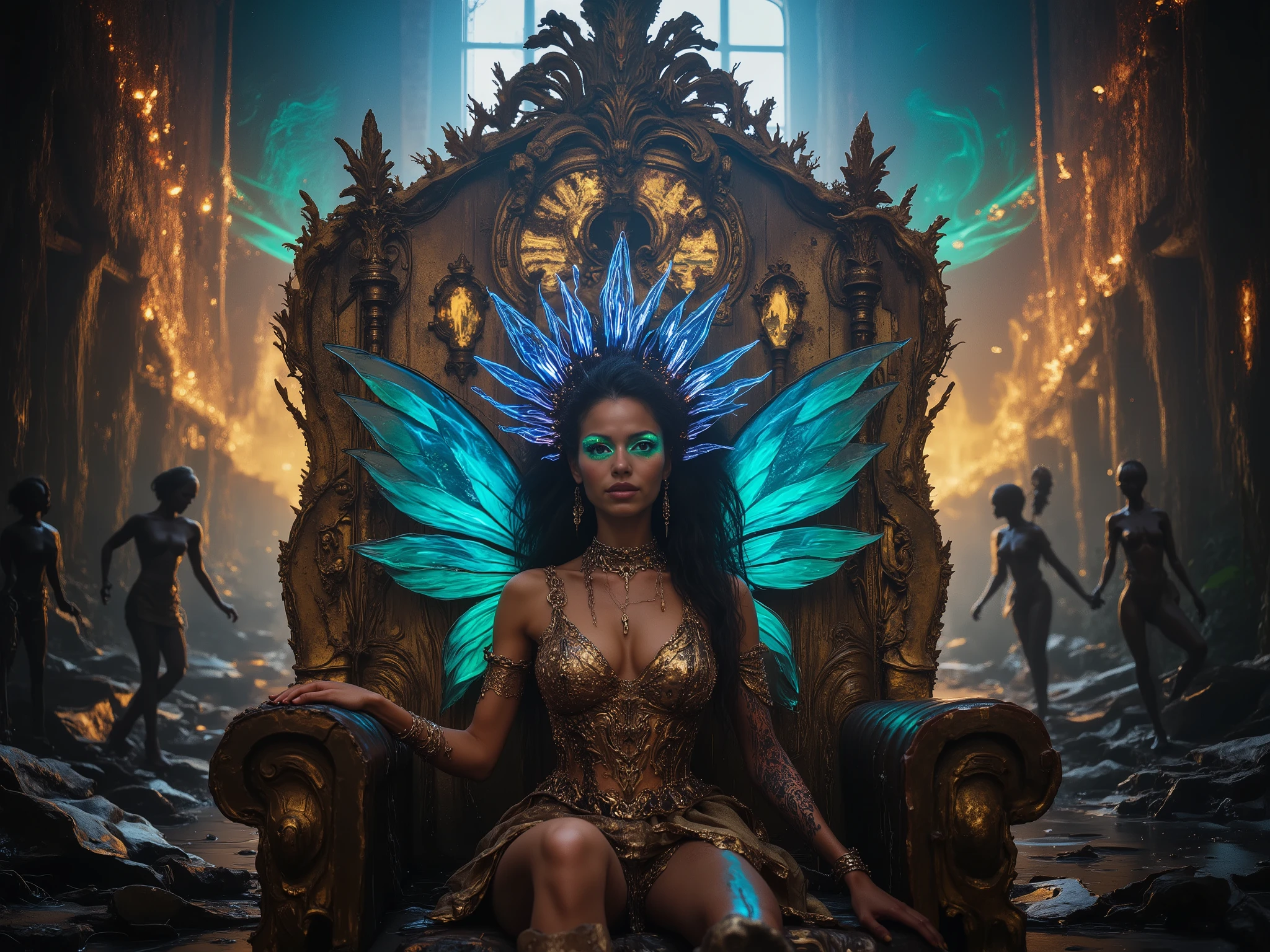 A fairy elf punk queen sits on a throne grown from bioluminescent ferns intertwined with rusted mechanical parts. Her crown is a halo of floating neon leaves, each projecting illusions of lost faery realms. Her eyes shimmer with data-runes. Surrounding her: armored sprites with chrome wings, patrolling a palace of roots fused with abandoned cyber-temples. Air vibrates with distant magical alarms. Tone: regal, rebellious, awe-inspiring.