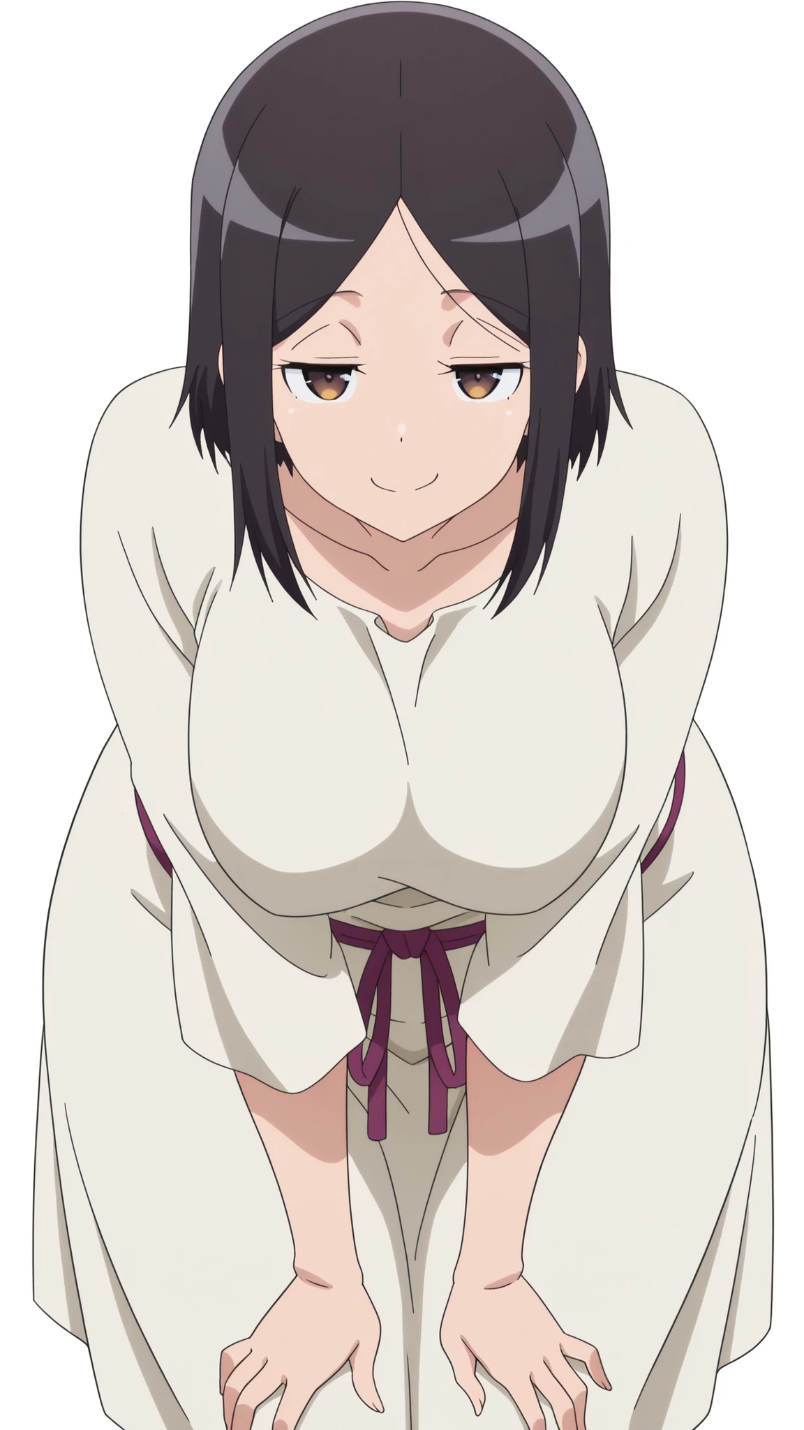 masterpiece, top quality, amazing quality,,  Satomi Tachibana sitting on a chair, short hair, black hair, brown eyes, mature, chest, animation screen capture, vent over, smug,, ,  transparent background, simple background, white background