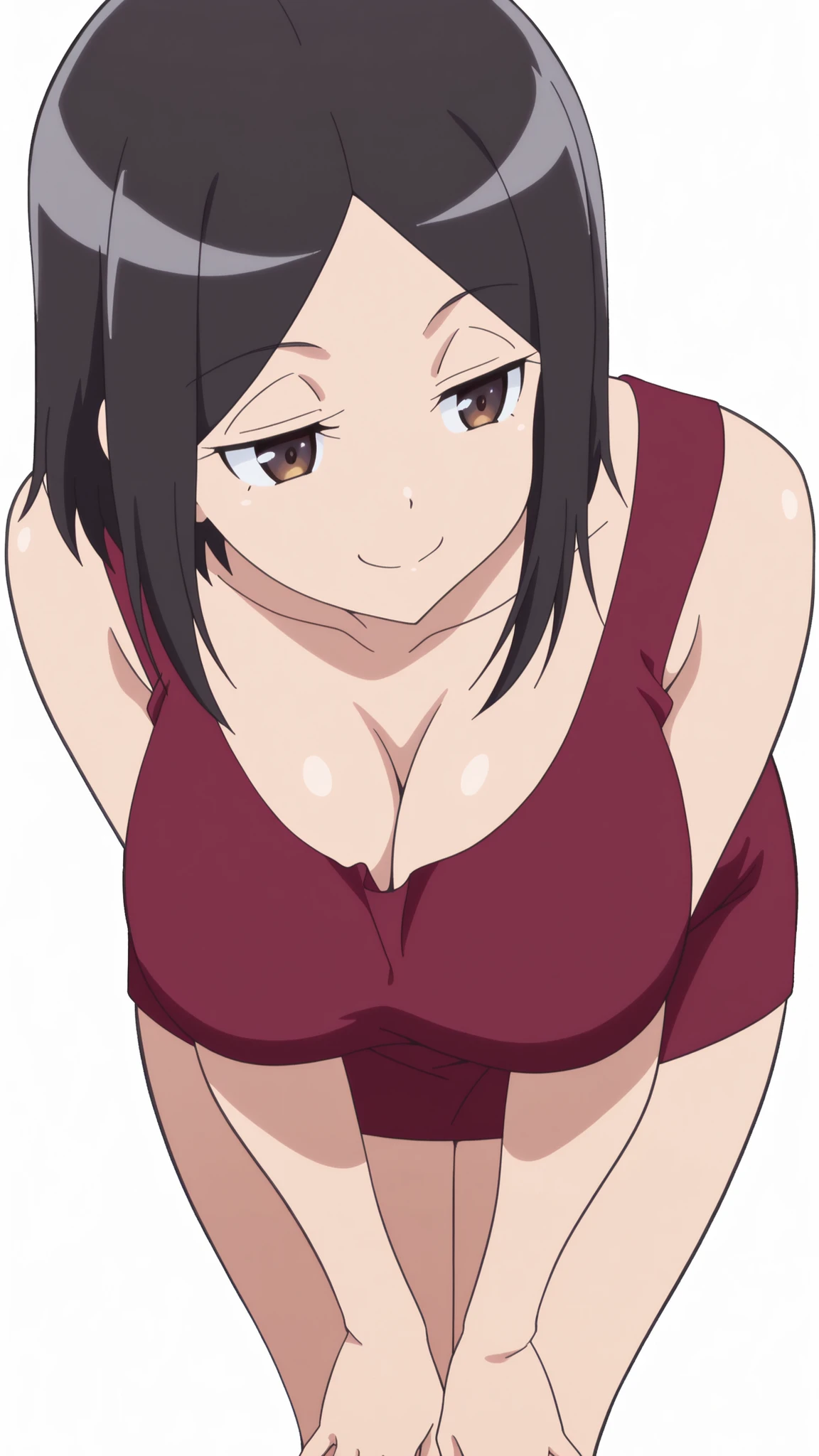 masterpiece, top quality, amazing quality,,  Satomi Tachibana sitting on a chair, short hair, black hair, brown eyes, mature, chest, anime screen capture, vent over, smug,, ,  transparent background, simple background, white background
