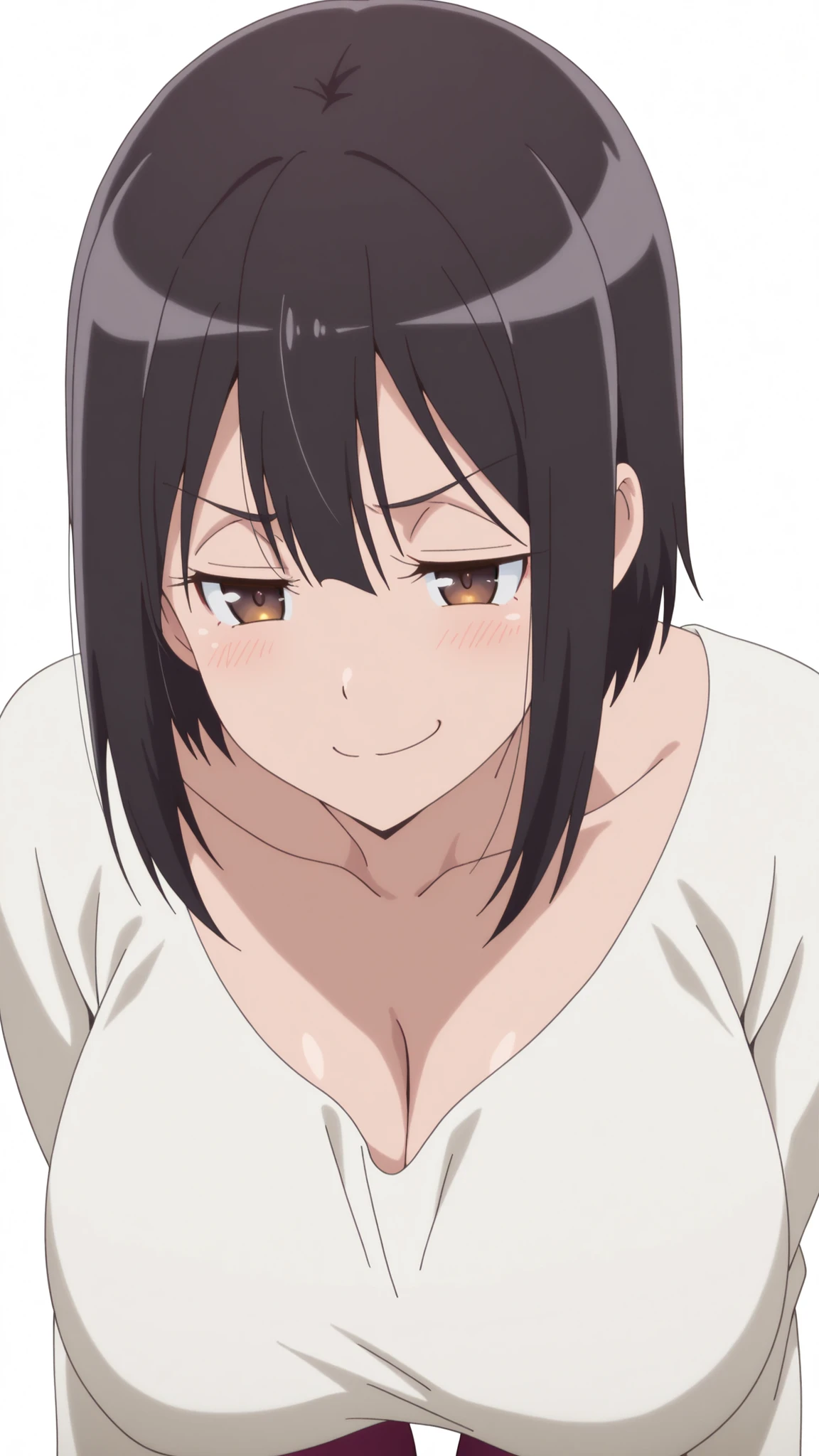 masterpiece, top quality, amazing quality,,  Satomi Tachibana sitting on a chair, short hair, black hair, brown eyes, mature, chest, anime screen capture, vent over, smug,, ,  transparent background, simple background, white background