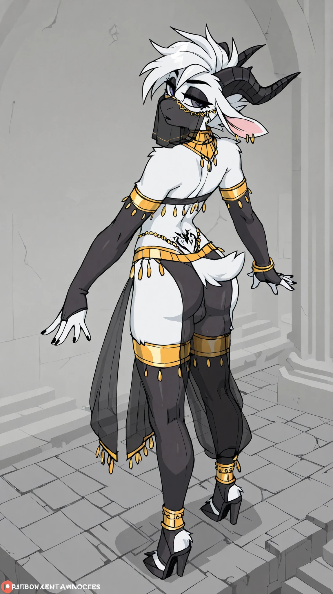 Art, Solo, High Quality, View at back, View from above, Anthropomorphic, Furry, Furry goat, femboy, tomboy femboy mix, black hooves, black nails, white fur, short white hair, flat chest, curvy, long legs, curved back black goat horns, black and white cloths, stirrup tigh highs, smooth chocker, long fingerless elbow gloves, ear silver piercing, brew piercing, slave belly tattoo, dark eyeshadow, high heel boots for hooves, small bulge, dim lightning, belly dancer outfit, face veil, see thru cloths, transparent sexy cloths,, rich castle interior, belly dancer pose,