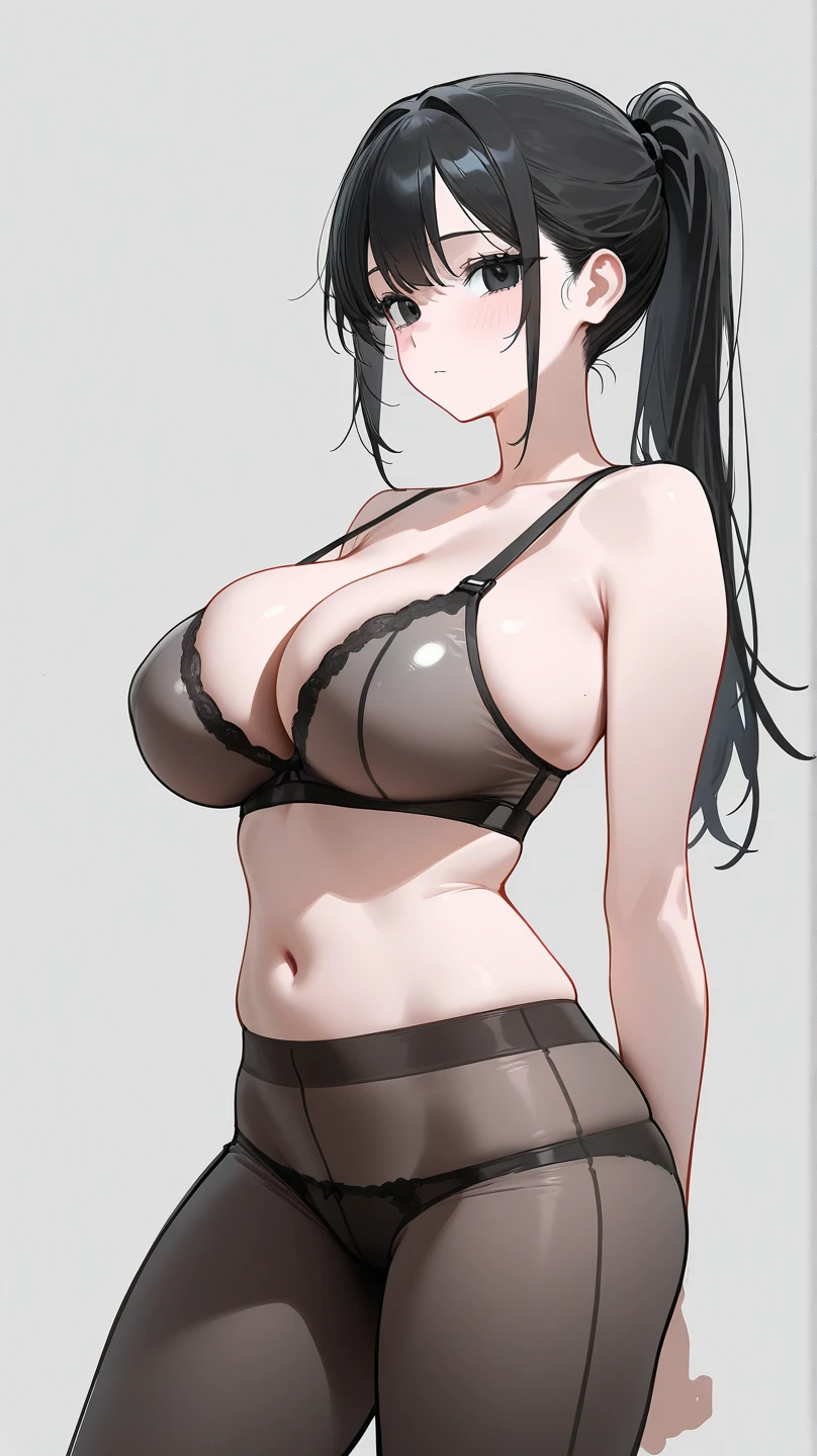 1 girl, ((???? bra、???? panties、pantyhose)), I can see the cleavage, ????????????, black hair, long hair, straight hair, black eyes ,((white background)), whole body, Standing picture, embarrassed face,