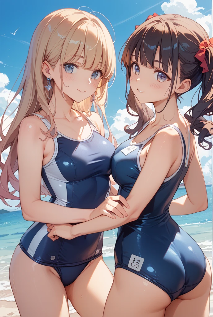 ((4K、8K、top-quality、Perfect fingers: 1.perfect anatomia: 1.3、Background blur))、((10yaers old、Lori、small tits 、cute big droopy eyes、stright long hair、a beautiful slender girl、The best smile with open mouth))、((Two girls in swimsuits、standing in a row at equal intervals、front facing))、（Competitive swimsuit）、Blue sky and white sand beach、Full-body angle、