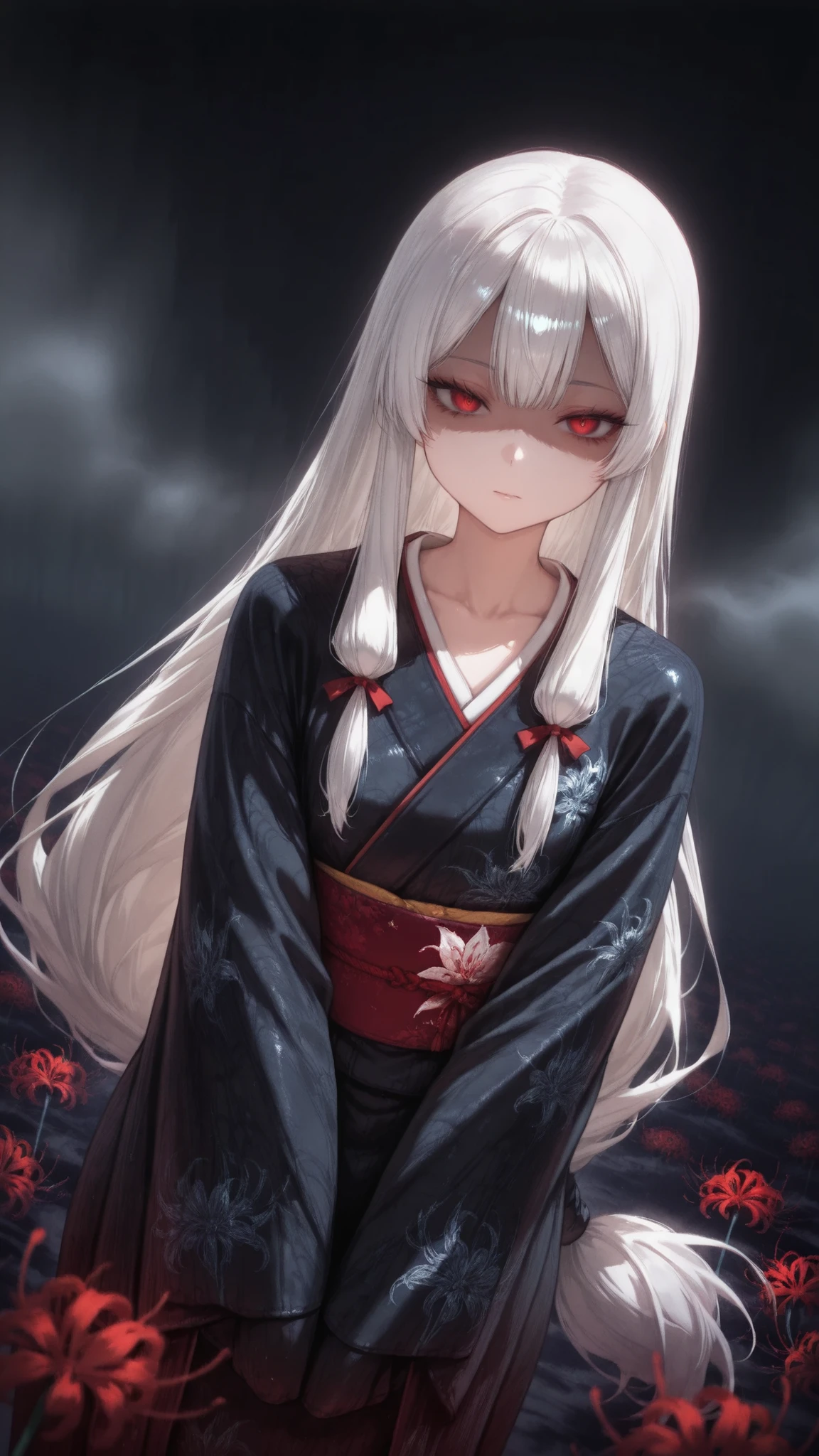 1girl, (solo:1.2), (horror \(theme\):1.1),
gray hair, very long hair, Long Lashes, red eyes, mysterious, red ribbon, low side lock,
 kimono, (silky kimono:1.1), (Black silk kimono:1.3), (spider Lily print kimono:1.1), long sleeve, (Sleeves Over Your Fingertips:1.1), wide sleeve, Obi , collarbone,
standing, (V Arms:1.2), (Dutch angle:1.1), Cowboy Shots, watching viewers, (No expression:1.4), (shaded face:1.4), closed mouse,
Outdoors, (Lily \(Flower\):1.2), black background,
( pitch black :1.6), (Shrouded in darkness:1.6), ( Emerging from the Fog :1.5), (Spooky Atmosphere:1.4),
masterpiece, top quality, very beautiful, absurd, complicated details, generally,