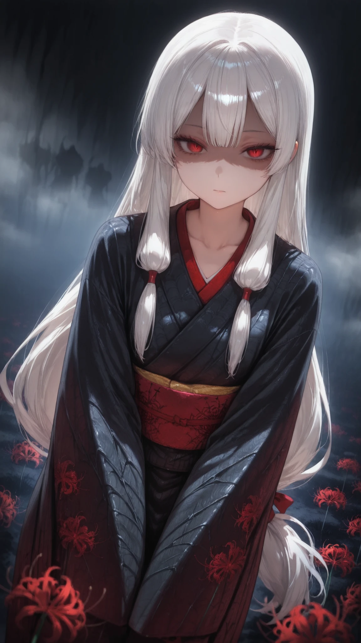 1girl, (solo:1.2), (horror \(theme\):1.1),
gray hair, very long hair, Long Lashes, red eyes, mysterious, red ribbon, low side lock,
kimono, (silky kimono:1.1), (Black silk kimono:1.3), (spider Lily print kimono:1.1), long sleeve, (Sleeves Over Your Fingertips:1.1), wide sleeve, Obi , collarbone,
standing, (V Arms:1.2), (Dutch angle:1.1), Cowboy Shots, watching viewers, (No expression:1.4), (shaded face:1.4), closed mouse,
Outdoors, (Lily \(Flower\):1.2), black background,
( pitch black :1.6), (Shrouded in darkness:1.6), ( Emerging from the Fog :1.5), (Spooky Atmosphere:1.4),
masterpiece, top quality, very beautiful, absurd, complicated details, generally,