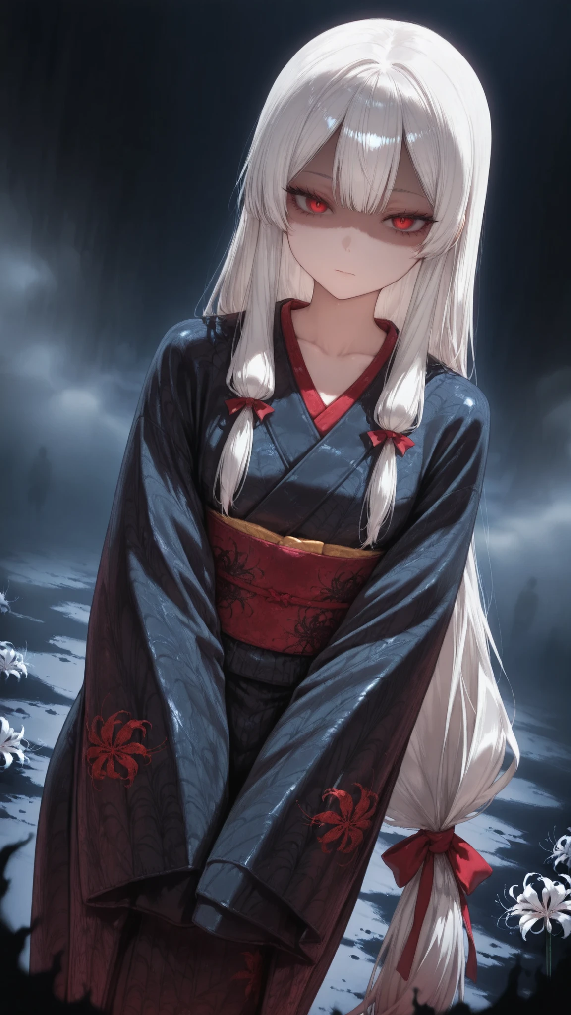 1girl, (solo:1.2), (horror \(theme\):1.1),
gray hair, very long hair, Long Lashes, red eyes, mysterious, red ribbon, low side lock,
kimono, (silky kimono:1.1), (Black silk kimono:1.3), (spider Lily print kimono:1.1), long sleeve, (Sleeves Over Your Fingertips:1.1), wide sleeve, Obi , collarbone,
standing, (V Arms:1.2), (Dutch angle:1.1), Cowboy Shots, watching viewers, (No expression:1.4), (shaded face:1.4), closed mouse,
Outdoors, (Lily \(Flower\):1.2), black background,
( pitch black :1.6), (Shrouded in darkness:1.6), ( Emerging from the Fog :1.5), (Spooky Atmosphere:1.4),
masterpiece, top quality, very beautiful, absurd, complicated details, generally,