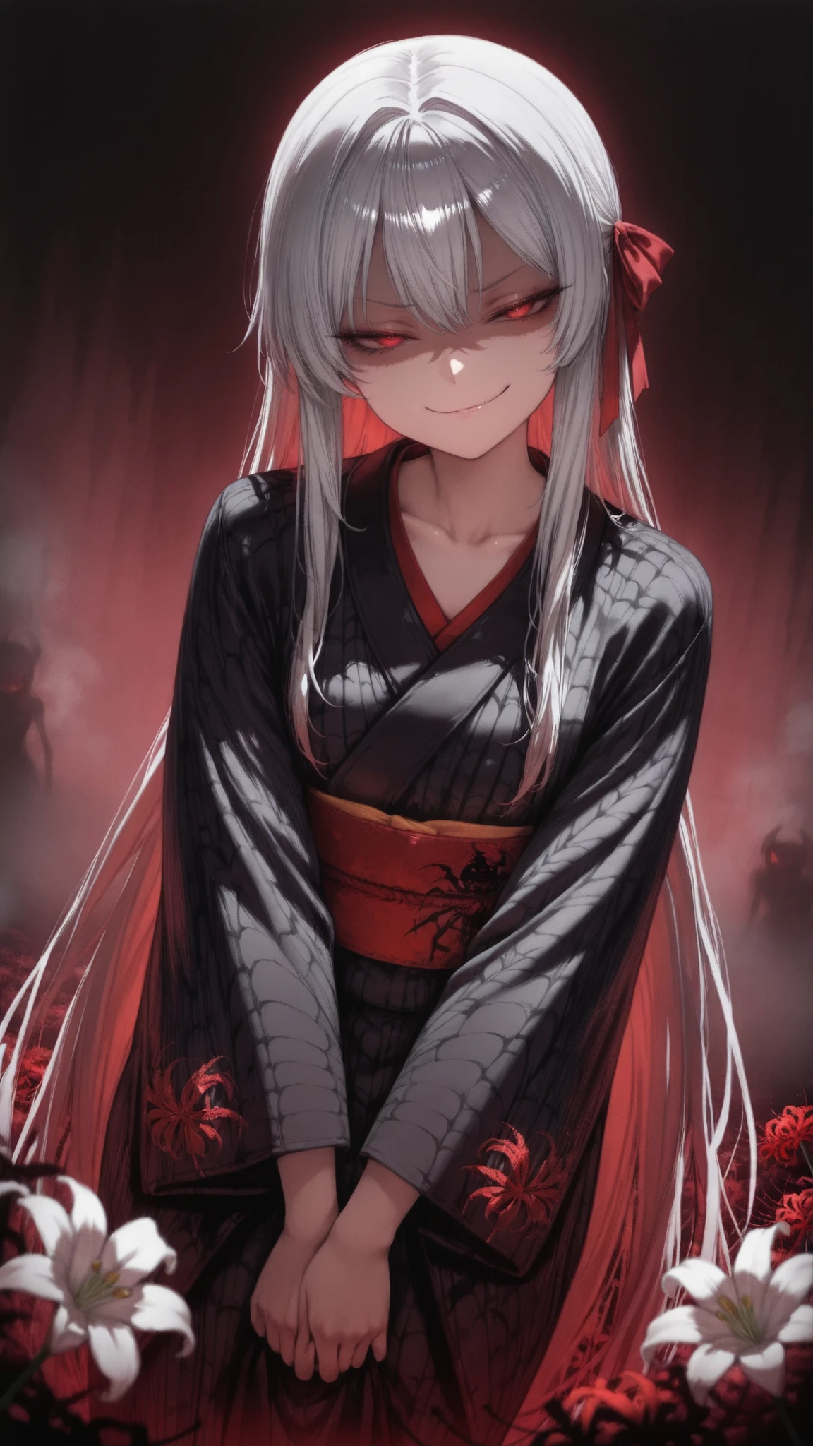 1girl, (solo:1.2), (horror \(theme\):1.1),
gray hair, very long hair, Long Lashes, red eyes, mysterious, red ribbon, low side lock,
kimono, (silky kimono:1.1), (Black silk kimono:1.3), (spider Lily print kimono:1.1), long sleeve, (Sleeves Over Your Fingertips:1.1), wide sleeve, Obi , collarbone,
standing, (V Arms:1.2), (Dutch angle:1.1), Cowboy Shots, watching viewers, ( smirk
doyagao
smirk
smug
evil smile
:1.4), (shaded face:1.4), closed mouse,
Outdoors, (Lily \(Flower\):1.2), black background,
( pitch black :1.6), (Shrouded in darkness:1.6), ( Emerging from the Fog :1.5), (Spooky Atmosphere:1.4),
masterpiece, top quality, very beautiful, absurd, complicated details, generally,