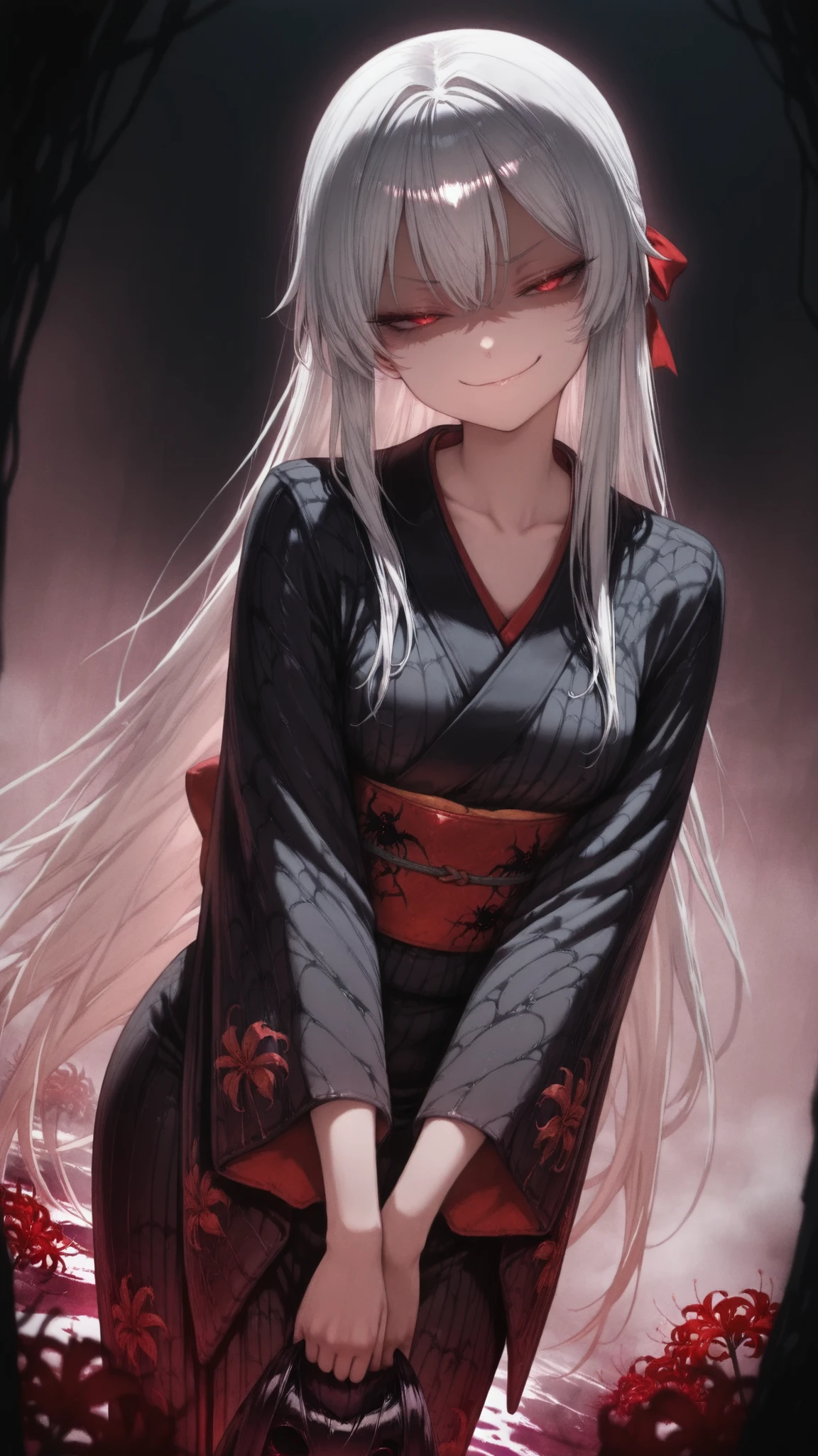 1girl, (solo:1.2), (horror \(theme\):1.1),
gray hair, very long hair, Long Lashes, red eyes, mysterious, red ribbon, low side lock,
kimono, (silky kimono:1.1), (Black silk kimono:1.3), (spider Lily print kimono:1.1), long sleeve, (Sleeves Over Your Fingertips:1.1), wide sleeve, Obi , collarbone,
standing, (V Arms:1.2), (Dutch angle:1.1), Cowboy Shots, watching viewers, ( smirk
doyagao
smirk
smug
evil smile
:1.4), (shaded face:1.4), closed mouse,
Outdoors, (Lily \(Flower\):1.2), black background,
( pitch black :1.6), (Shrouded in darkness:1.6), ( Emerging from the Fog :1.5), (Spooky Atmosphere:1.4),
masterpiece, top quality, very beautiful, absurd, complicated details, generally,