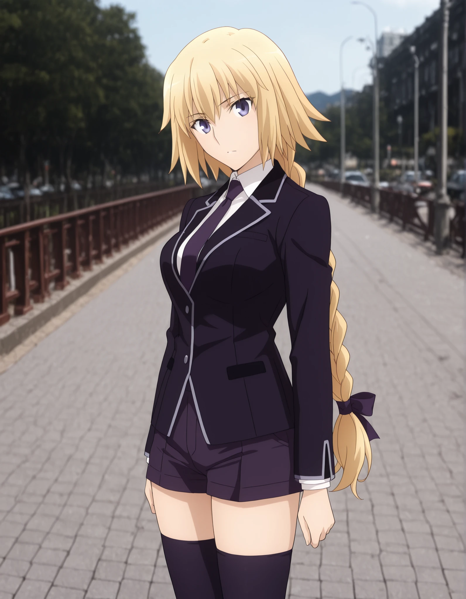 jeanne_d_arc_f-a, Fate/UBW ,official art style ,1girl, blonde hair, solo, long hair, purple eyes, nig braid, looking at viewer, blue eyes, , single braid, armor, chain ,<lora:JeanneDArc-FateApocrypha-ILXL:1>,(ufotable style, ) (aged up:1.2), (masterpiece),(best quality),(ultra-detailed),(best illustration),(),(absurdres),(detailed background),(very aesthetic), ((head tilt, :1.2)),, ((dark jacket, dark purple necktie, black thighhighs, undershirt, , thighhighs, white shirt, shorts)), , looking at viewer, outdoors,((, photo background, blurry background)),medium breasts, ((standing)), from side,