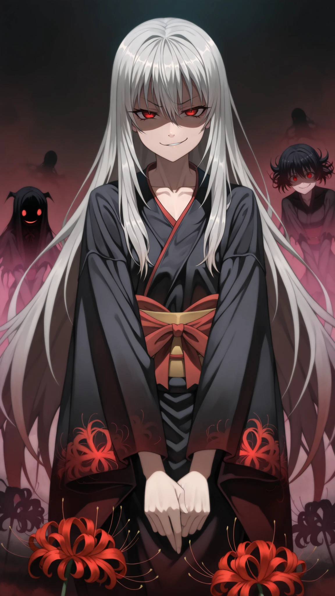 1girl, (solo:1.2), (horror \(theme\):1.1),
gray hair, very long hair, Long Lashes, red eyes, mysterious, red ribbon, low side lock,
kimono, (silky kimono:1.1), (Black silk kimono:1.3), (spider Lily print kimono:1.1), long sleeve, (Sleeves Over Your Fingertips:1.1), wide sleeve, Obi , collarbone,
standing, (V Arms:1.2), (Dutch angle:1.1), Cowboy Shots, watching viewers, ( smirk:1.4), (shaded face:1.4), closed mouse,
Outdoors, (Lily \(Flower\):1.2), black background,
( pitch black :1.6), (Shrouded in darkness:1.6), ( Emerging from the Fog :1.5), (Spooky Atmosphere:1.4),
masterpiece, top quality, very beautiful, absurd, complicated details, generally,upper body