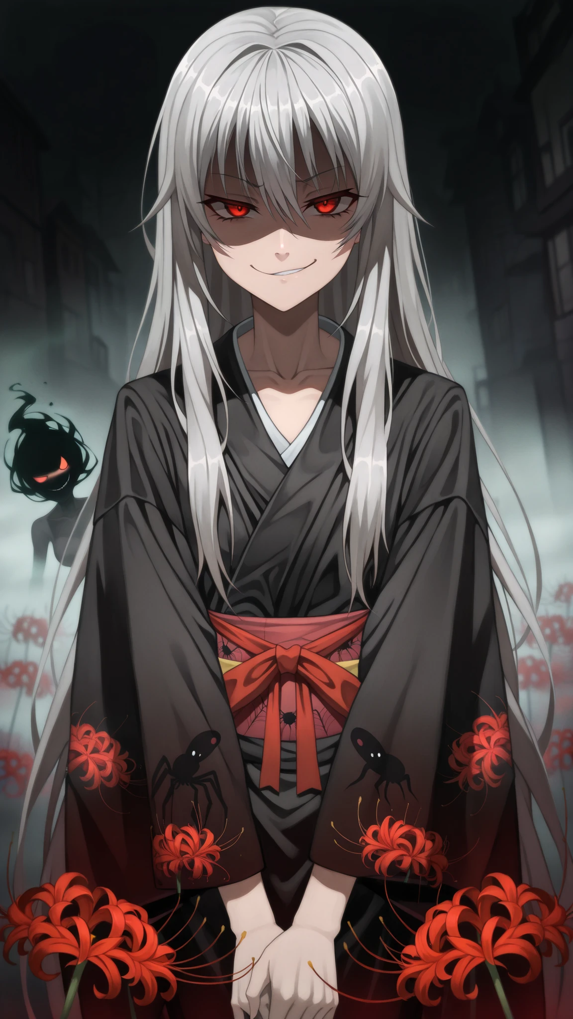 1girl, (solo:1.2), (horror \(theme\):1.1),
gray hair, very long hair, Long Lashes, red eyes, mysterious, red ribbon, low side lock,
kimono, (silky kimono:1.1), (Black silk kimono:1.3), (spider Lily print kimono:1.1), long sleeve, (Sleeves Over Your Fingertips:1.1), wide sleeve, Obi , collarbone,
standing, (V Arms:1.2), (Dutch angle:1.1), Cowboy Shots, watching viewers, ( smirk:1.4), (shaded face:1.4), closed mouse,
Outdoors, (Lily \(Flower\):1.2), black background,
( pitch black :1.6), (Shrouded in darkness:1.6), ( Emerging from the Fog :1.5), (Spooky Atmosphere:1.4),
masterpiece, top quality, very beautiful, absurd, complicated details, generally,upper body