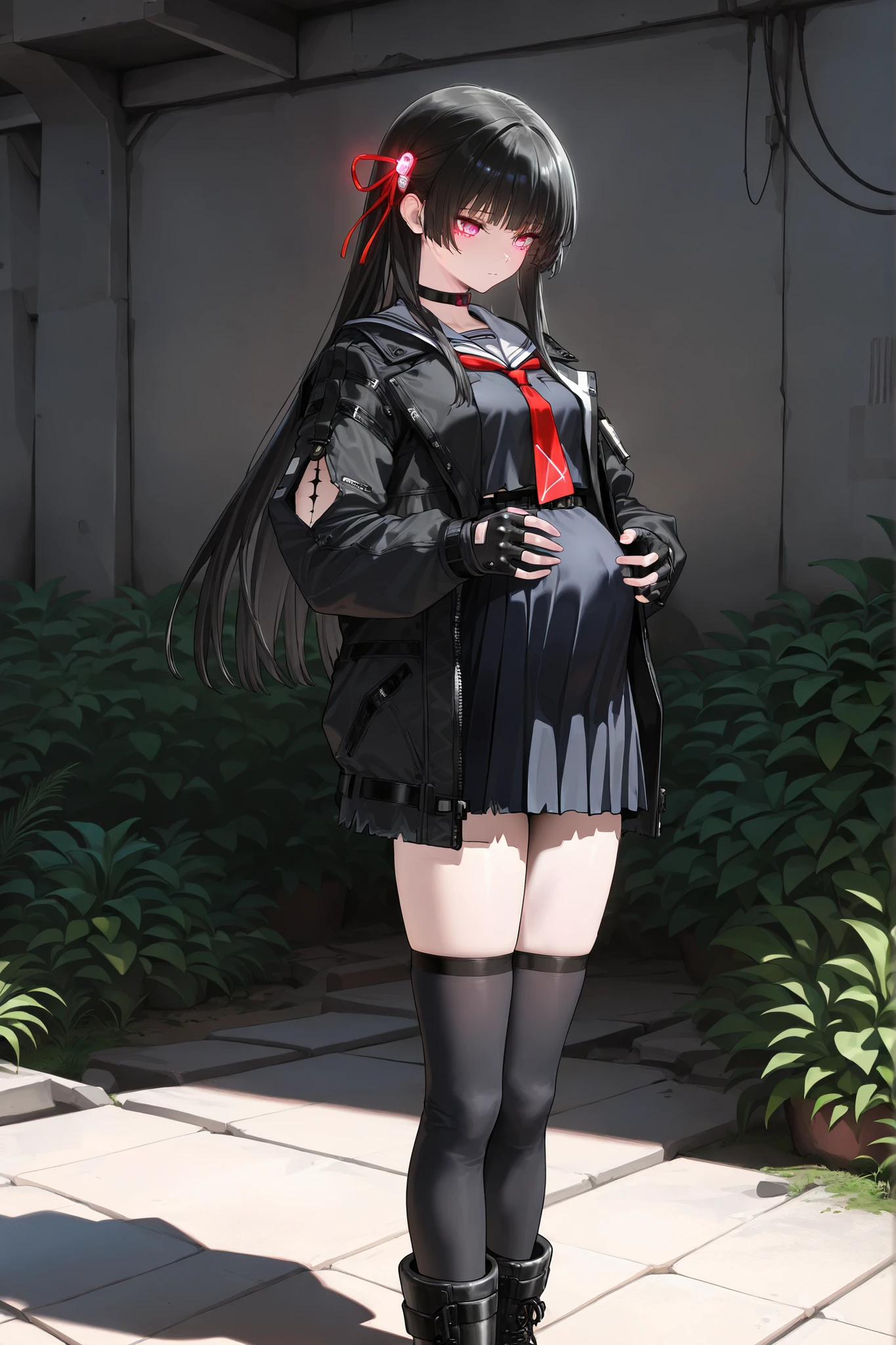 (Best quality, 4k, 8k, high resolution, masterpiece:1.2), ultra detailed, intricate details, beautiful girl, long hair, straight hair, small-medium , perfect smooth skin, head tilted, dressing up modestly, (pregnant:1.0), standing, at the ruins of a city full of plants,wearing a modern JK-inspired tactical uniform, sailor uniform, black pleated skirt, tactical belt with pouches, armored thigh-high socks, short bomber jacket tied around her waist, fingerless gloves, subtle futuristic ornaments glowing purple, clean boots, hair accessories, (details eyes:1.4)