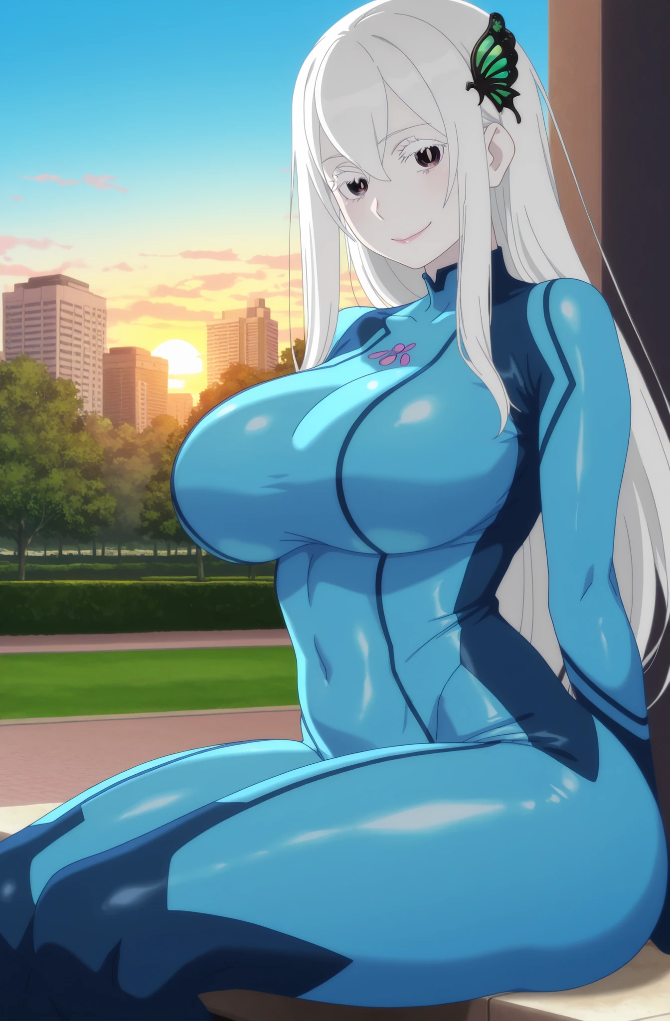 newest , masterpiece , anime screencap , anime coloring , masterpiece, best quality , echidna, 1girl, adult female, detailed face , milf, motherly, pale skin, long hair, white hair, butterfly hair ornament, open eyes, hair between eyes, bangs, white eyelashes, motherly, large Curvy, Slutty, ractical body shape, attractive bodies, Slutty, Neat, fit bodies, Slutty, Neat, big breast, big hips, huge buttocks, thick thighs, Toned thighs, huge thighs, well-trained body, (Dark Violet zero suit,\) \(cosplay\), Smile, lips, looking at viewer, sitting , cowboy shot , outdoors , park , blue sky , scenery , city filipino, Sunset,