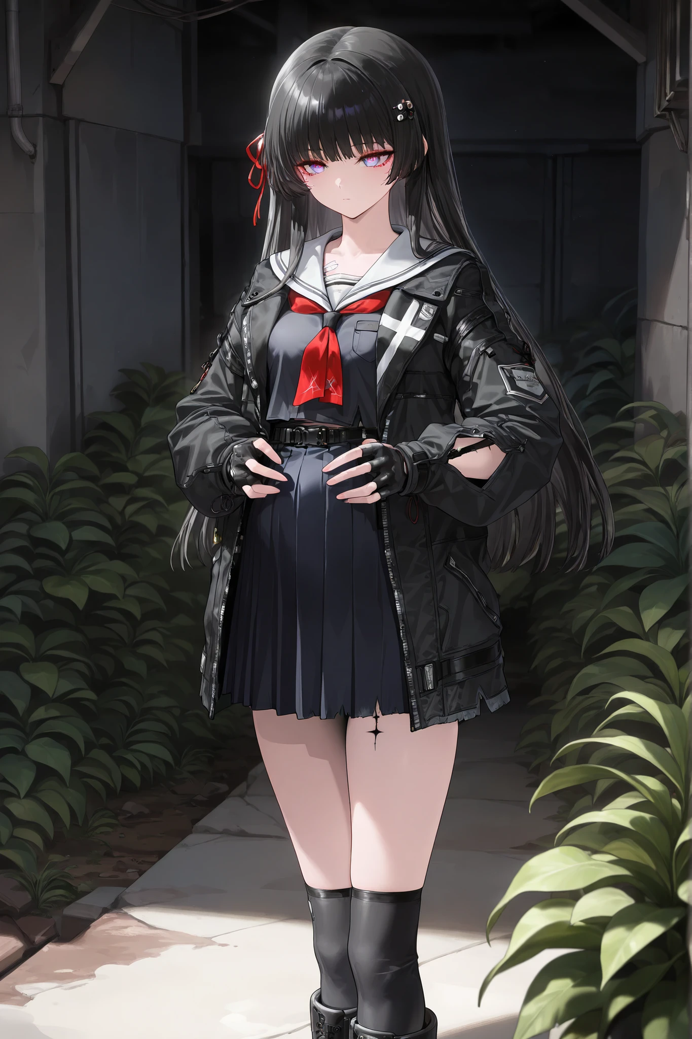 (Best quality, 4k, 8k, high resolution, masterpiece:1.2), ultra detailed, intricate details, beautiful girl, long hair, straight hair, small-medium , perfect smooth skin, head tilted, dressing up modestly, (pregnant:1.0),  standing, at the ruins of a city full of plants,wearing a modern JK-inspired tactical uniform, sailor uniform, black pleated skirt, tactical belt with pouches, armored thigh-high socks, short bomber jacket tied around her waist, fingerless gloves, subtle futuristic ornaments glowing purple, clean boots, hair accessory, (details eyes:1.4)