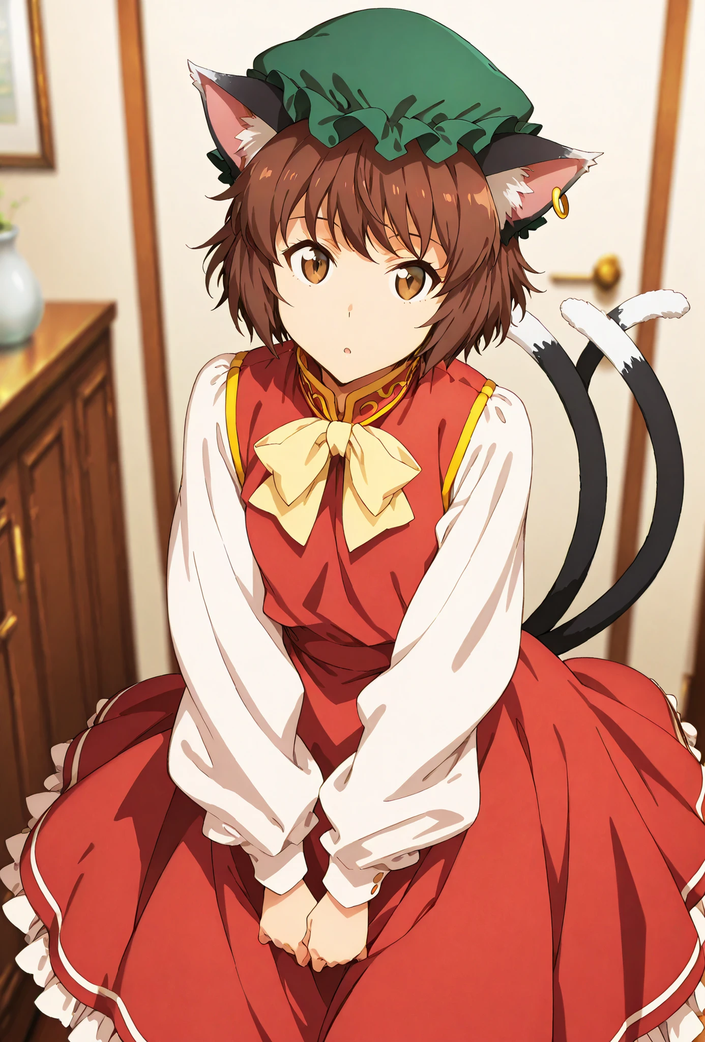 Chen, score_9, score_8_up, score_7_up, source_anime, top quality, , Official Art, viewers, masterpiece, ultra-HD, high detail, depth of field, top quality, 8k, top quality, ergonomic,Official Art, 1 girl,solo, anime keyvisual, slender, Sessyu Style,
white shirt, red dress, puffy long sleeves, green mob cap, yellow bowtie, hoop piercing, cat ears, multiple tails, cat tail 
