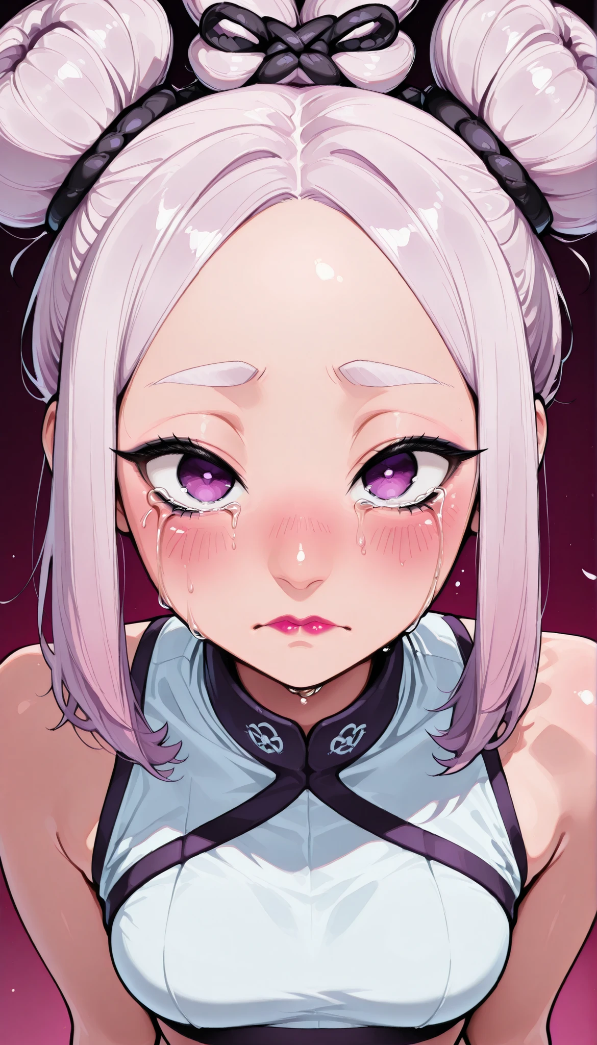 (1girl), (perfect face), ((white bun knot top hair)), (forehead), ((white natural eyebrows)), (((purple eyes, crying eyes))), (((black eyeliners))), (pink blush), ((nose, thick lipstick)), (beautiful girl), (crop top), ((sad face)), (looking at viewer, pov)