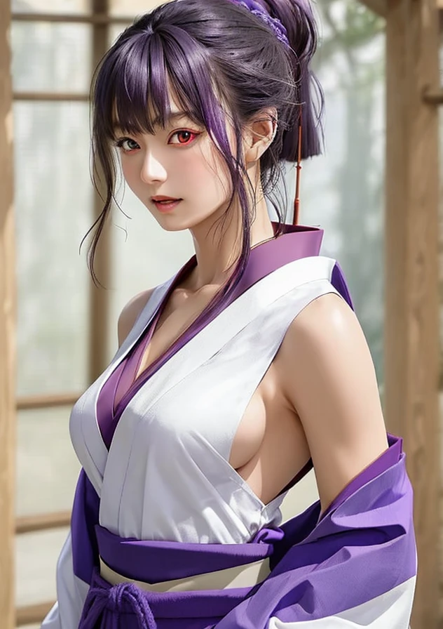 1girl, blunt bangs, braid, wide sleeves, hair ornament, japanese clothes, red obi, (purple hair:1.2), very long hair, straight hair, looking at viewer, highly detailed background, (photo realistic:1.2), detailed eyes, red eyeshadow, depth of field，thigh, (ulzzang-6500:0.7), upper body, (solo:1.2), (cyberpunk city:1.1), cleavage, (finger on lips:1.1),Shiny skin