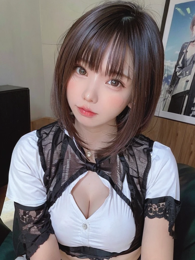 (highest quality、masterpiece)、White Background、Blurred Background、One Girl、Beautiful girl、Shyness、blush、超A high resolution、Beauty、cute、solo、Japanese women。15-year-old student、high school girl、Laughter。Beautiful young female model。Bright expression、Photorealism、並外れたBeautiful girl、Beautiful expression、(Purelos Face)、Glowing White Skin、Light brown straight hair、Attractive beautiful brown eyes、double eyelid、Flat Chest、Stylish girl。cooking、Upper body naked、Naked Apron、Wearing an apron、Close-up portrait。Healthy Face。Skin care cosmetics、Professional Lighting, Very deep depth of field,　Black Choker、Black collar、Pussy