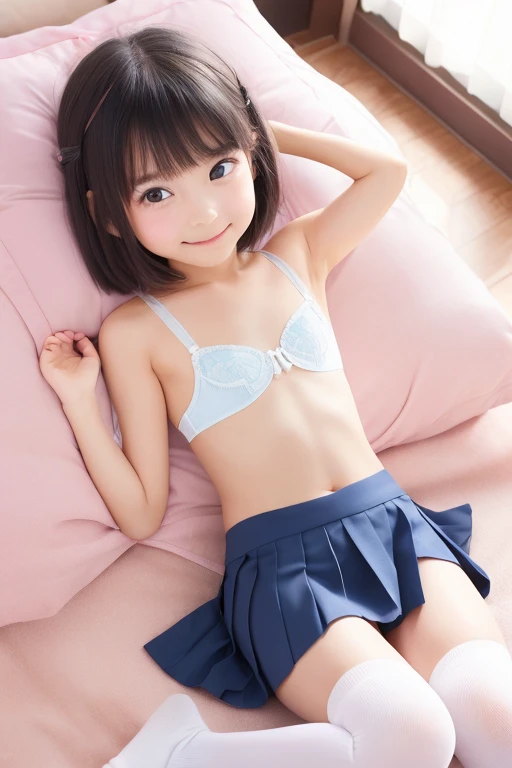 Little girl on top，Looking down，from below，White light panties，Flat sandals，sitting on the classroom desk，Crotch view，Mocking expressions，Smiling，White light bandeau，Large angle upward view，Sky background or ceiling background