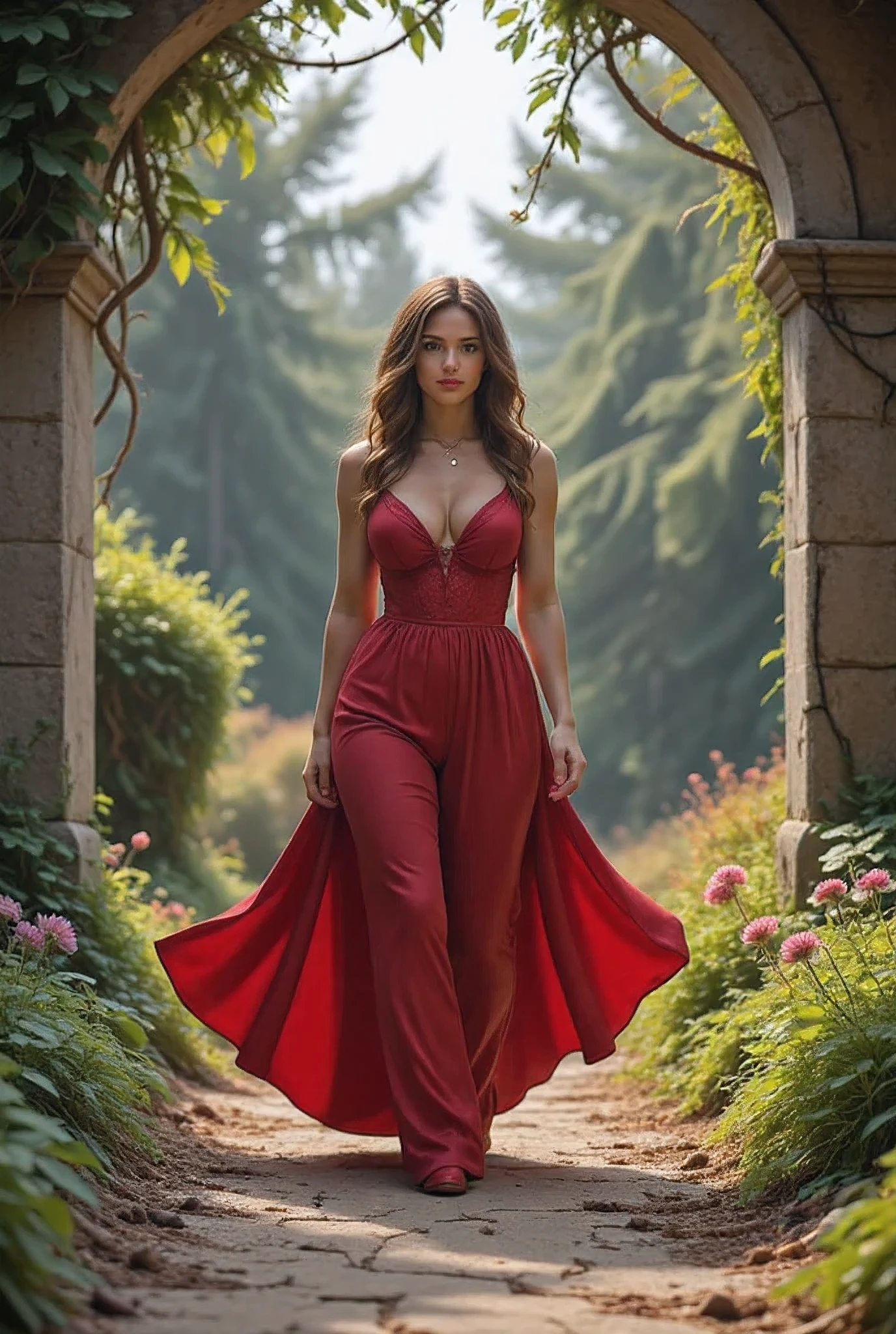 An empowered walking model wearing a dress in a ruined garden 