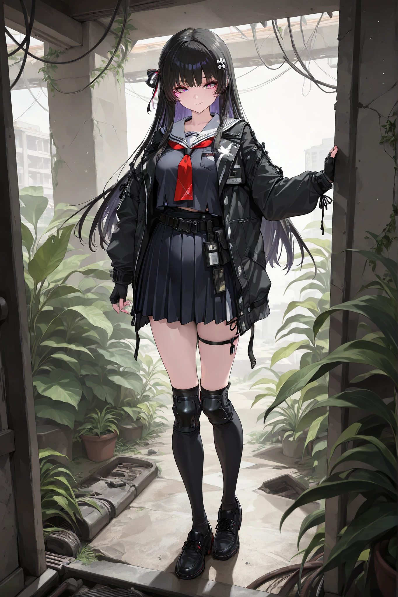 (Best quality, 4k, 8k, high resolution, masterpiece:1.2), ultra detailed, intricate details, beautiful girl, long hair, straight hair, small-medium , perfect smooth skin, head tilted, dressing up modestly, (pregnant:1.0), standing, at the ruins of a city full of plants,wearing a modern JK-inspired tactical uniform, sailor uniform, black pleated skirt, tactical belt with pouches, armored thigh-high socks, short bomber jacket tied around her waist, fingerless gloves, subtle futuristic ornaments glowing purple, black school shoes, hair accessory, (details eyes:1.4), smile lightly