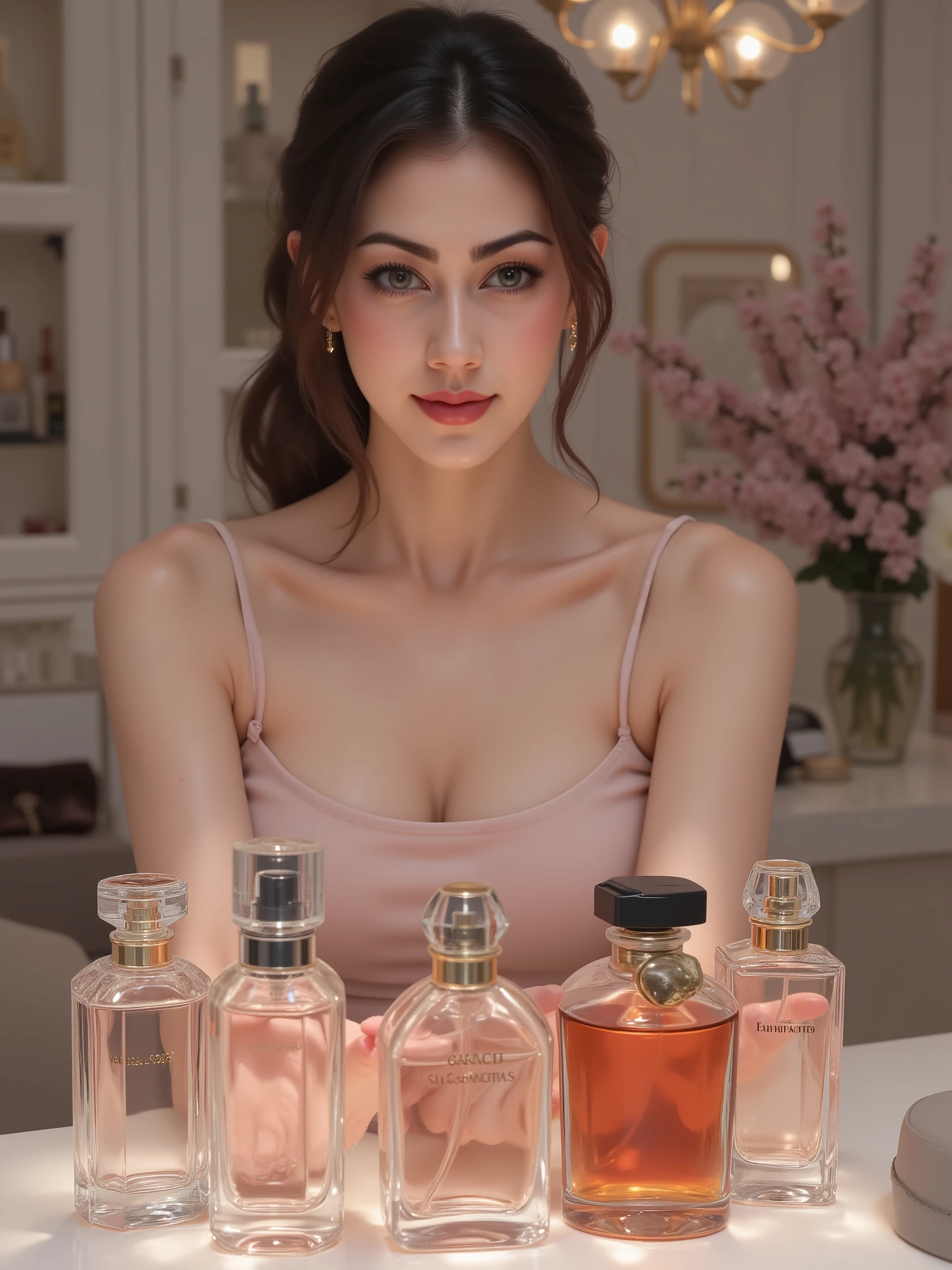 woman presenting perfumes, local, perfume bottles, mixing perfumes, photorealistic, superior quality, 4k, extreme details, studio lighting, physical representation, Bright colors, bokeh, monochrome color scheme, Romantic atmosphere, portrait style, oil painting