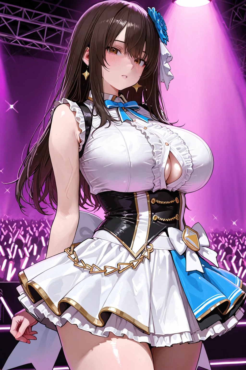 Her hair is tied up and placed over her shoulders in front of her chest brown hair, hair ornament, hair scrunchie, brown eyes, bow, bangs, hair bow ,, large breasts, live stage, solo 