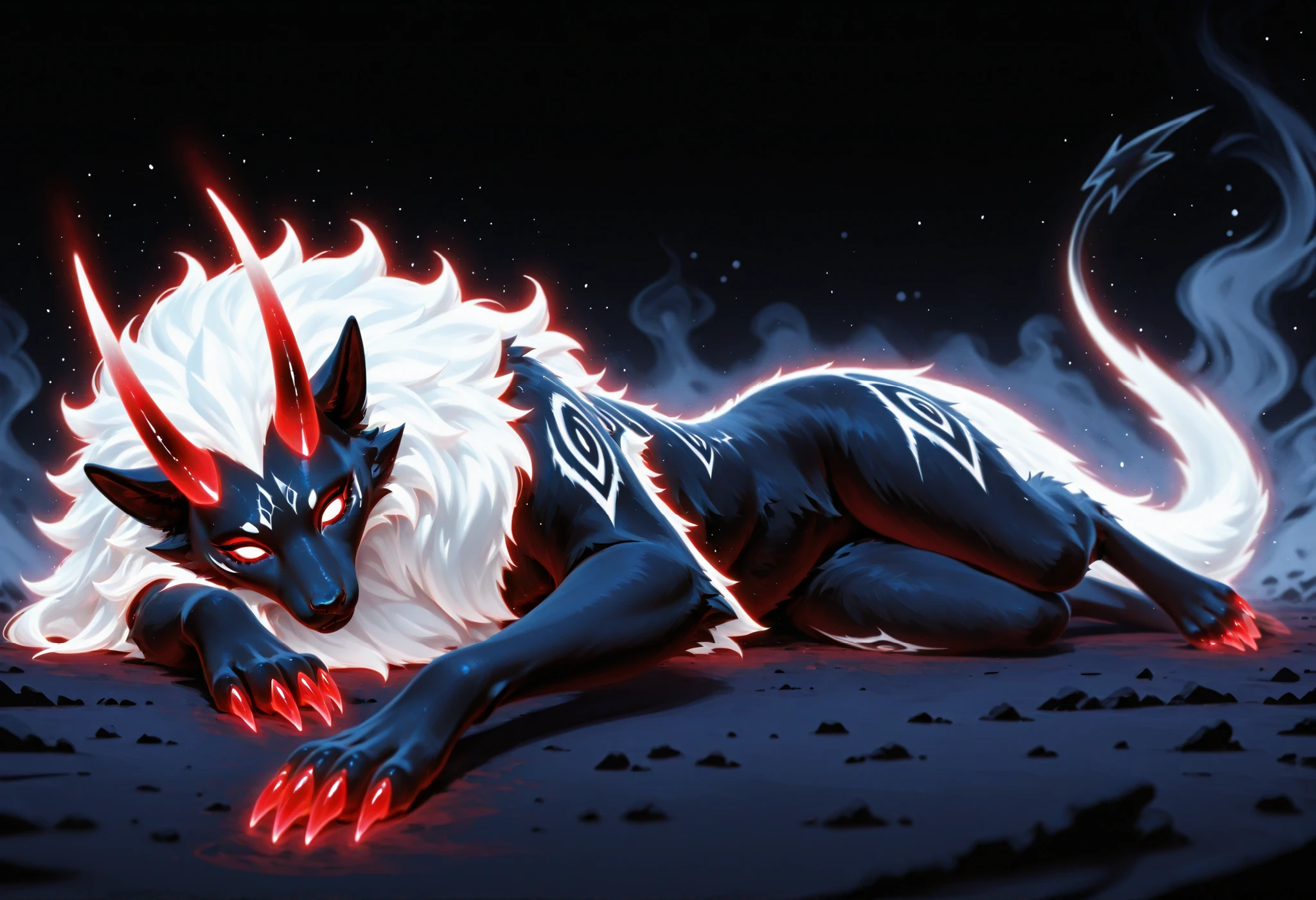 sharrax, ((((feral)))), ((female)), straight glowing horns,red glowing claws, pitch black body fur, luminous white mane, luminous white-black tail,abstract painting, jet black background , 8K resolution, High detail, Realistic fur texture, Depth of field for emphasis, Atmospheric fog or mist for mystical effect, (((lies on side))),