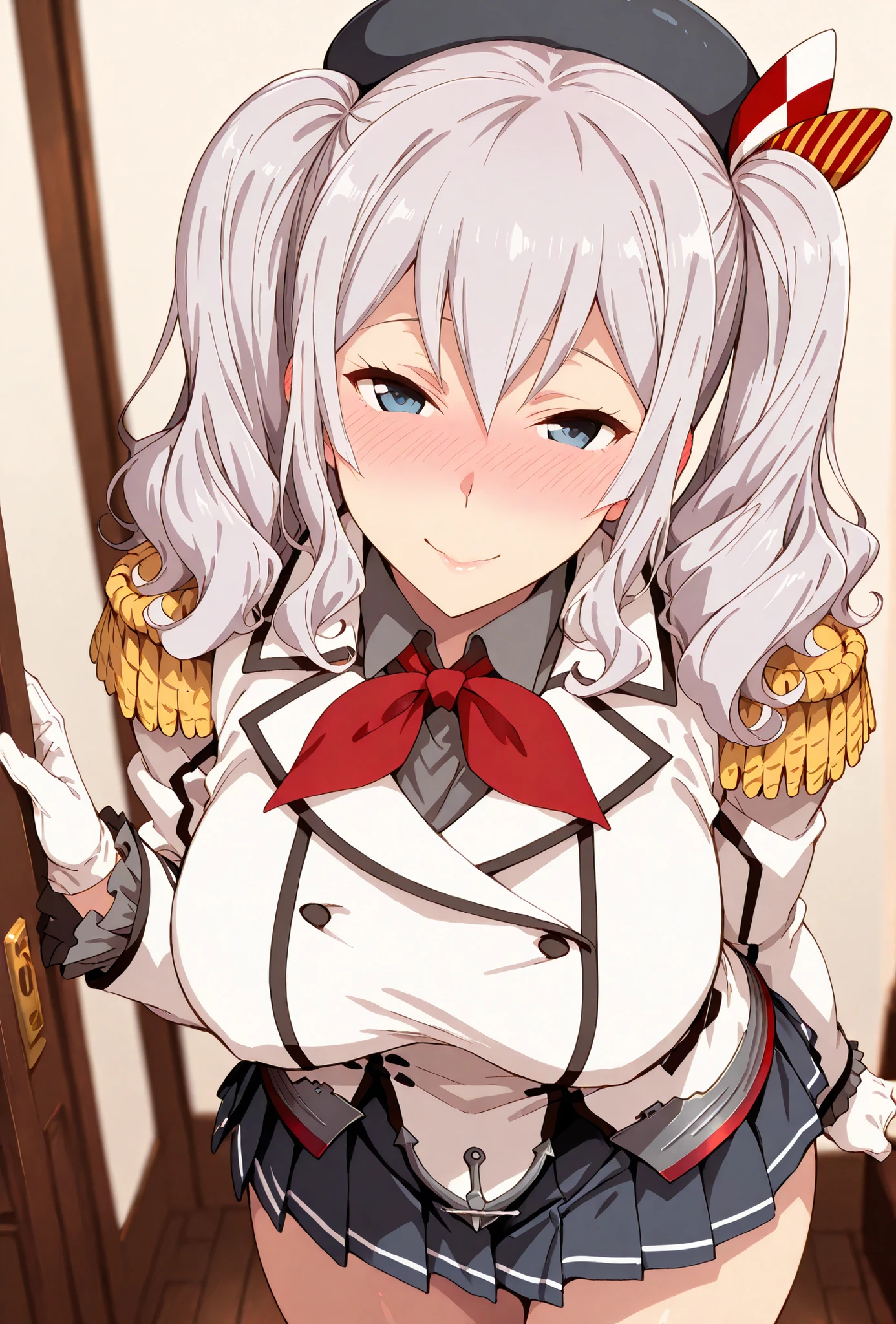 Kashima \(kancolle\), score_9, score_8_up, score_7_up, source_anime, top quality, (seductive, blush), , Official Art, viewers, masterpiece, ultra-HD, high detail, depth of field, top quality, 8k, top quality, ergonomic,Official Art, 1 girl,solo, anime keyvisual, slender, Sessyu Style,
white jacket, long sleeves, pleated miniskirt, white gloves, red neckerchief, beret


