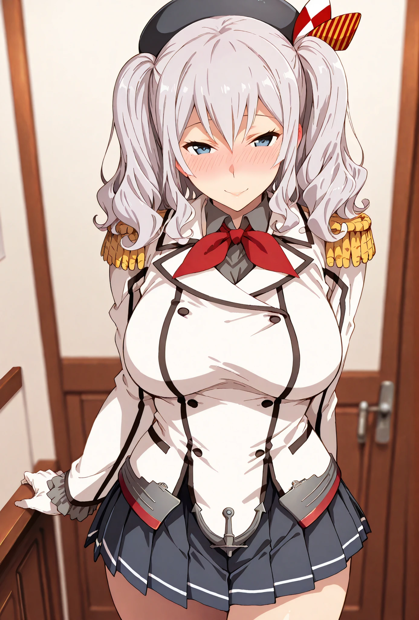 Kashima \(kancolle\), score_9, score_8_up, score_7_up, source_anime, top quality, (seductive, blush), , Official Art, viewers, masterpiece, ultra-HD, high detail, depth of field, top quality, 8k, top quality, ergonomic,Official Art, 1 girl,solo, anime keyvisual, slender, Sessyu Style,
white jacket, long sleeves, pleated miniskirt, white gloves, red neckerchief, beret


